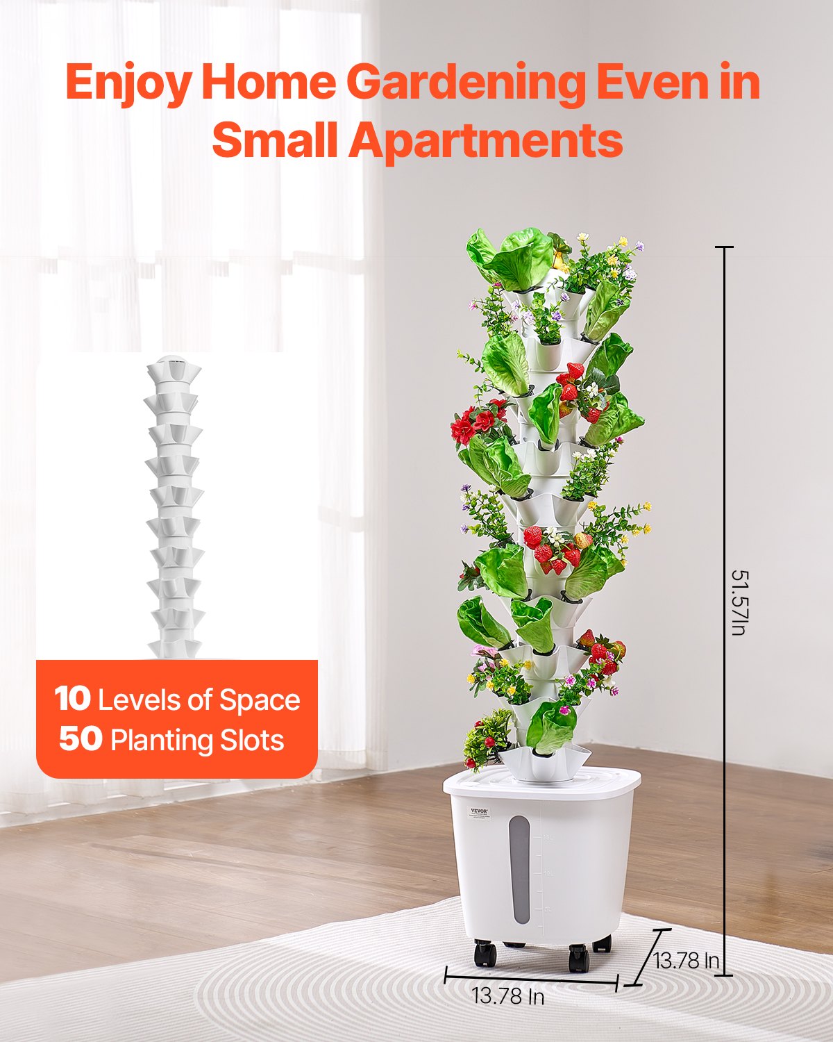 Hydroponic Growing System, 50 Pods 10-Tier Vertical Tower with Pump and Wheels