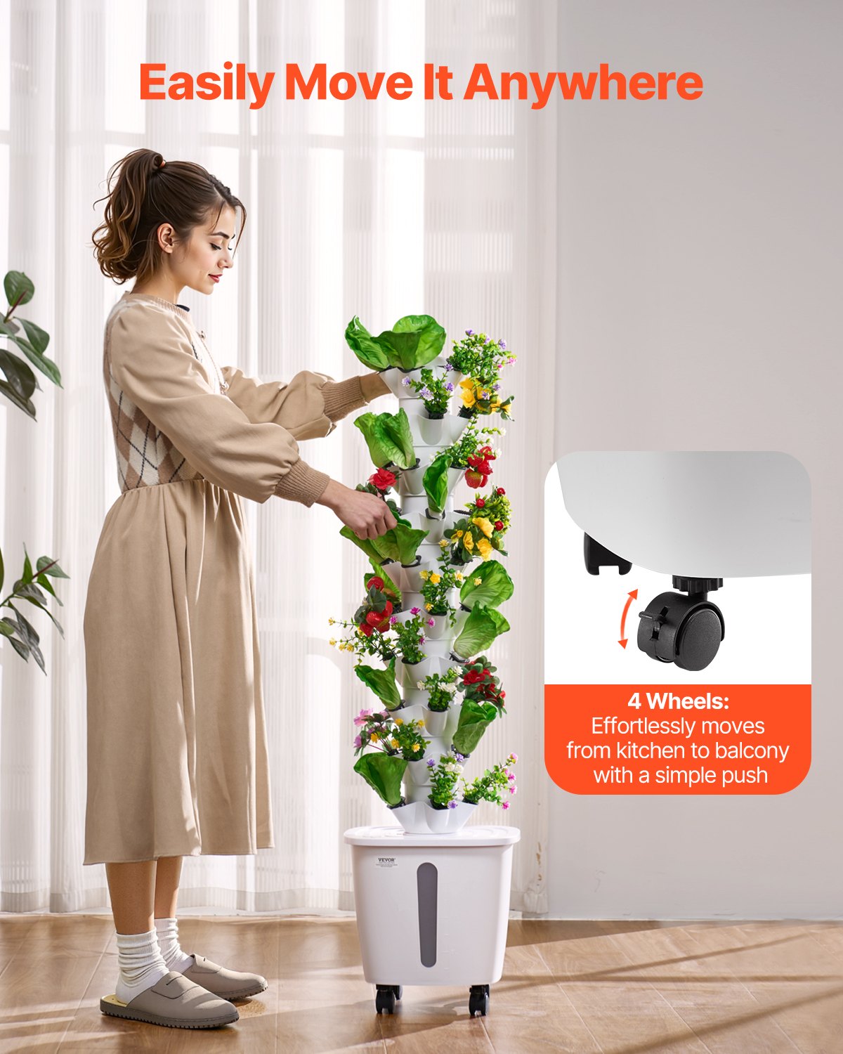 Hydroponic Growing System, 50 Pods 10-Tier Vertical Tower with Pump and Wheels