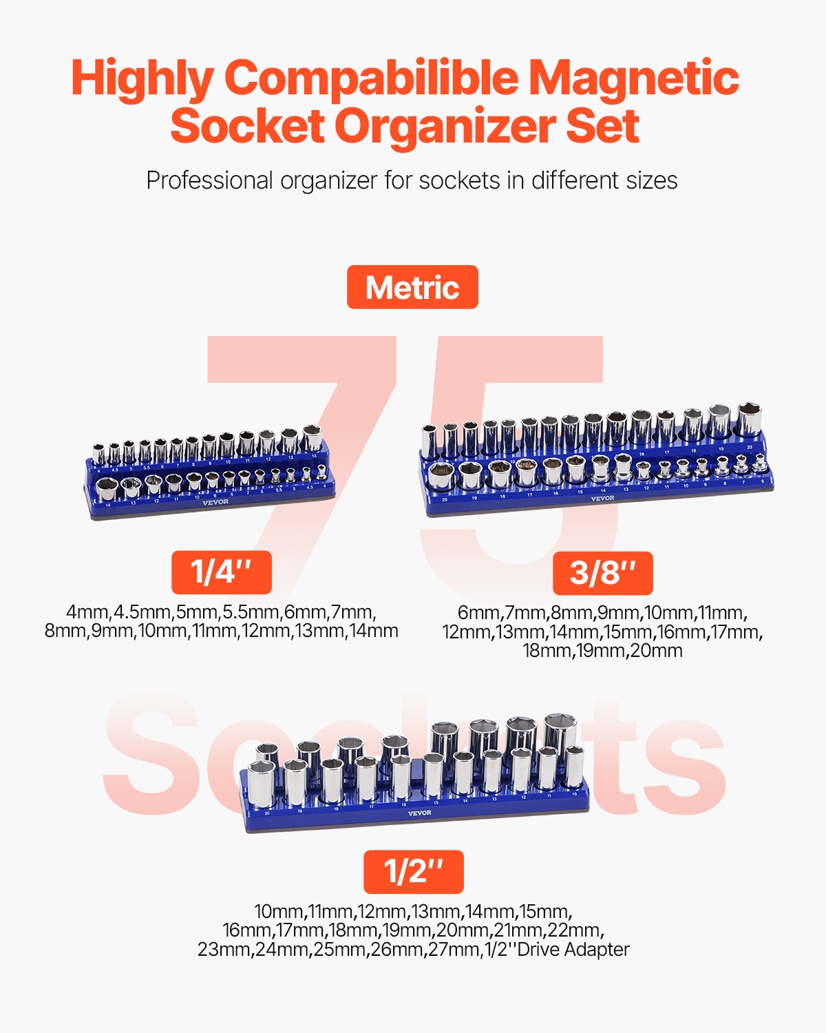 Magnetic Socket Organizer Set 3PCS 1/4", 3/8" & 1/2" Trays Hold Up to 75 Sockets