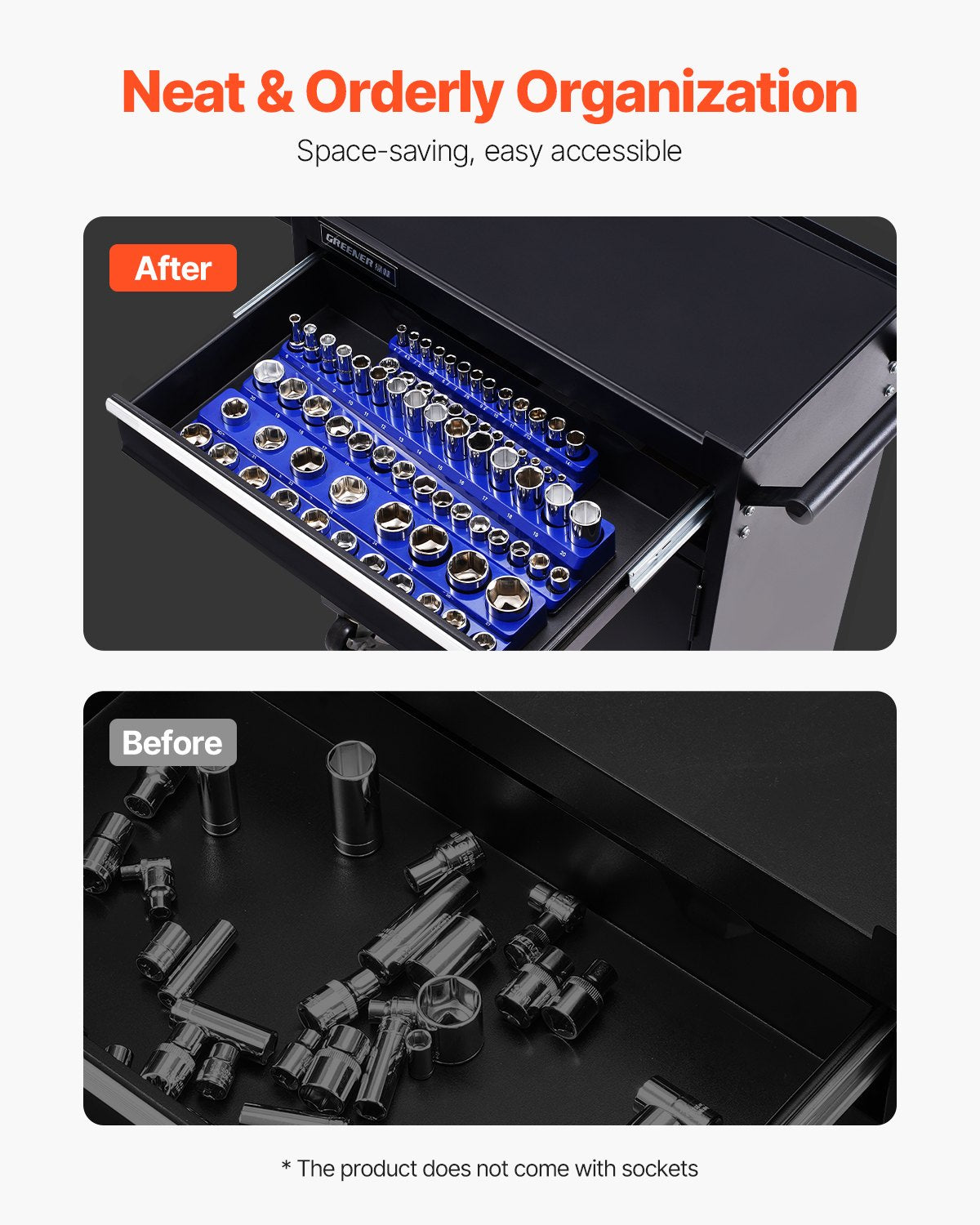 Magnetic Socket Organizer Set 3PCS 1/4", 3/8" & 1/2" Trays Hold Up to 75 Sockets