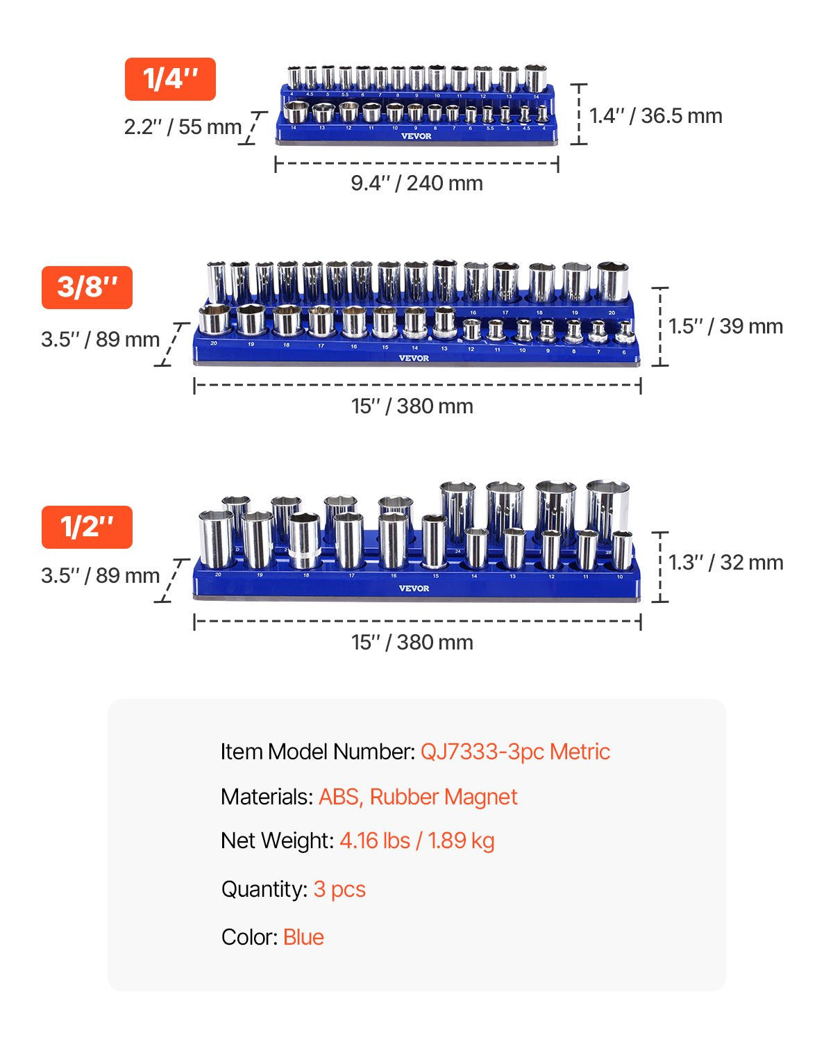 Magnetic Socket Organizer Set 3PCS 1/4", 3/8" & 1/2" Trays Hold Up to 75 Sockets