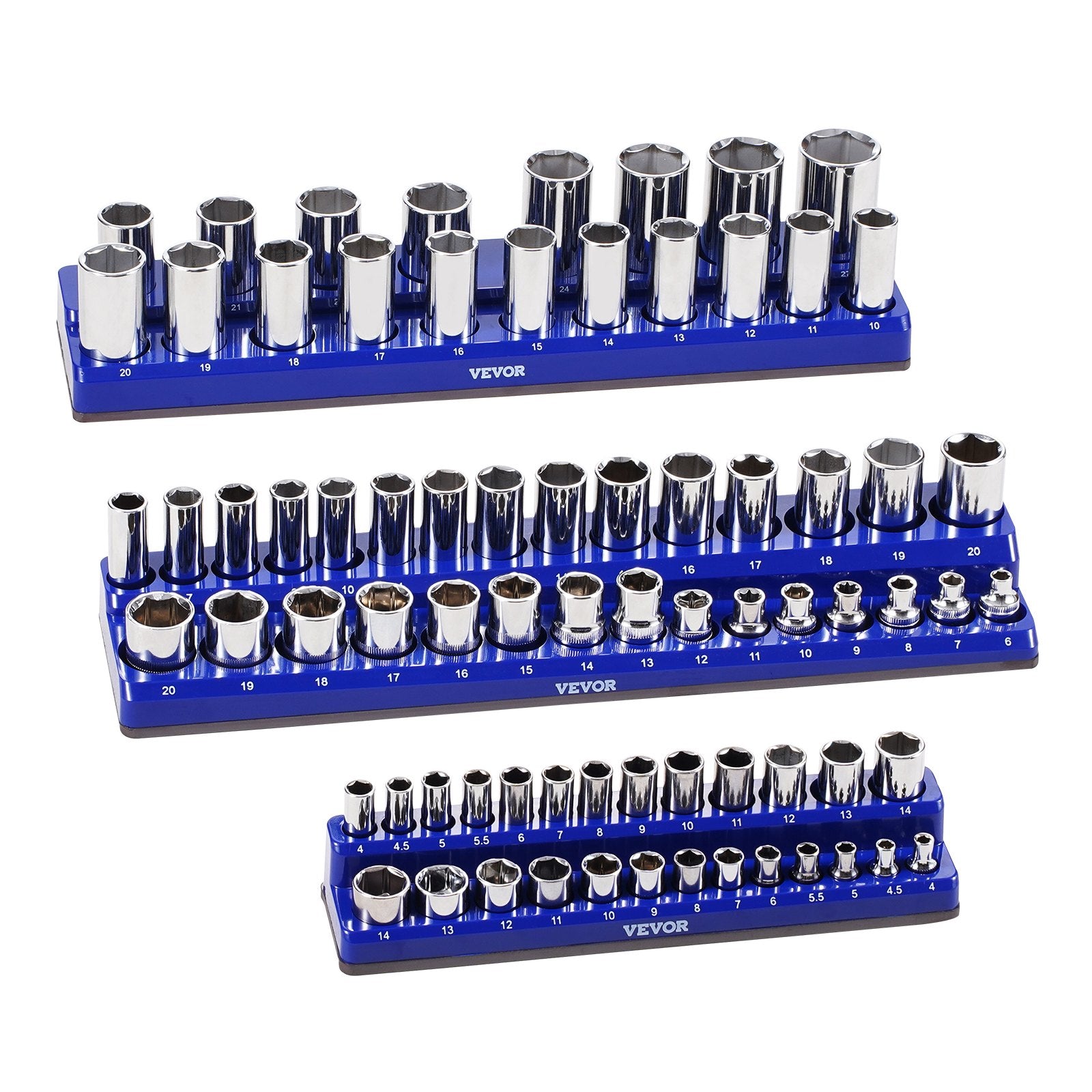 Magnetic Socket Organizer Set 3PCS 1/4", 3/8" & 1/2" Trays Hold Up to 75 Sockets