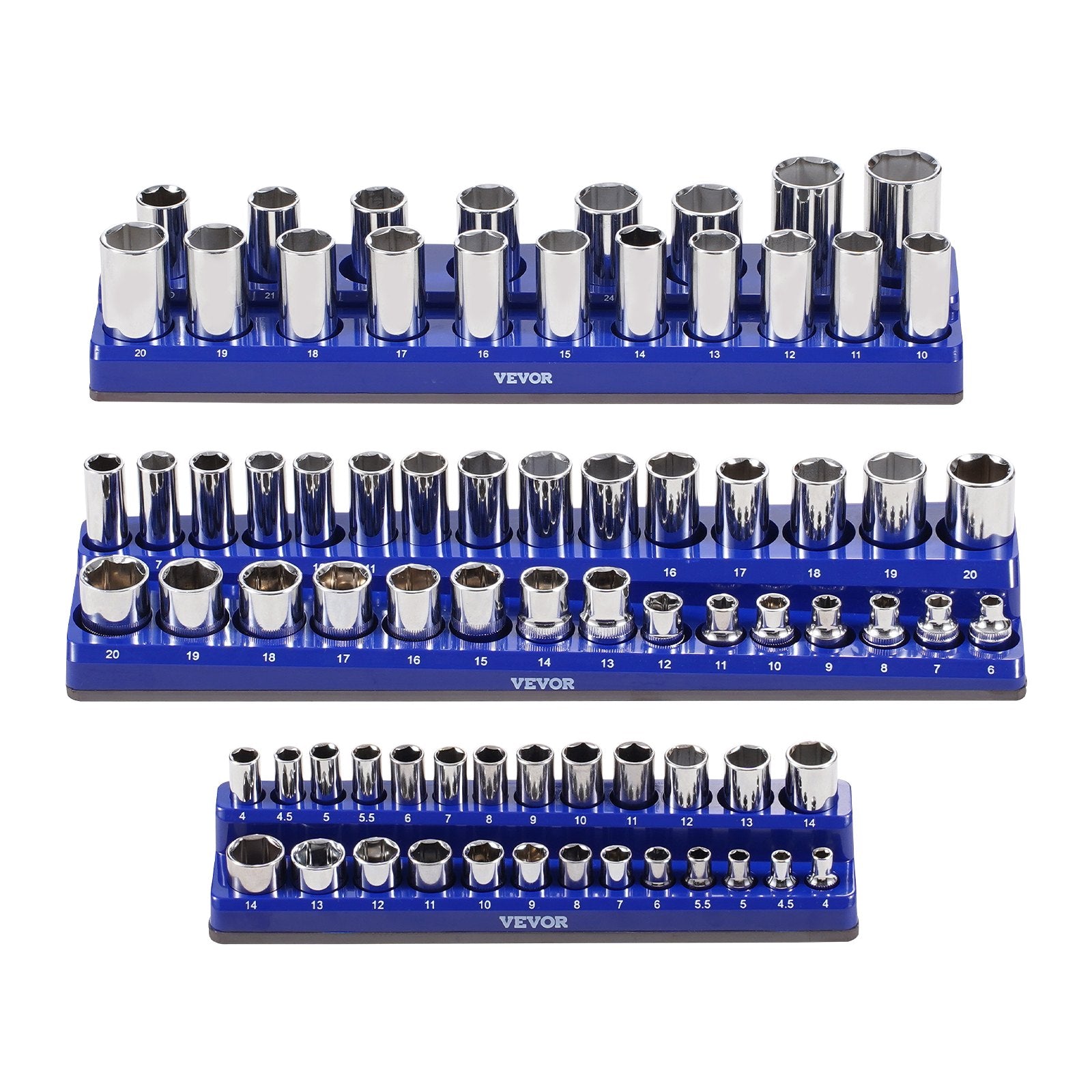Magnetic Socket Organizer Set 3PCS 1/4", 3/8" & 1/2" Trays Hold Up to 75 Sockets