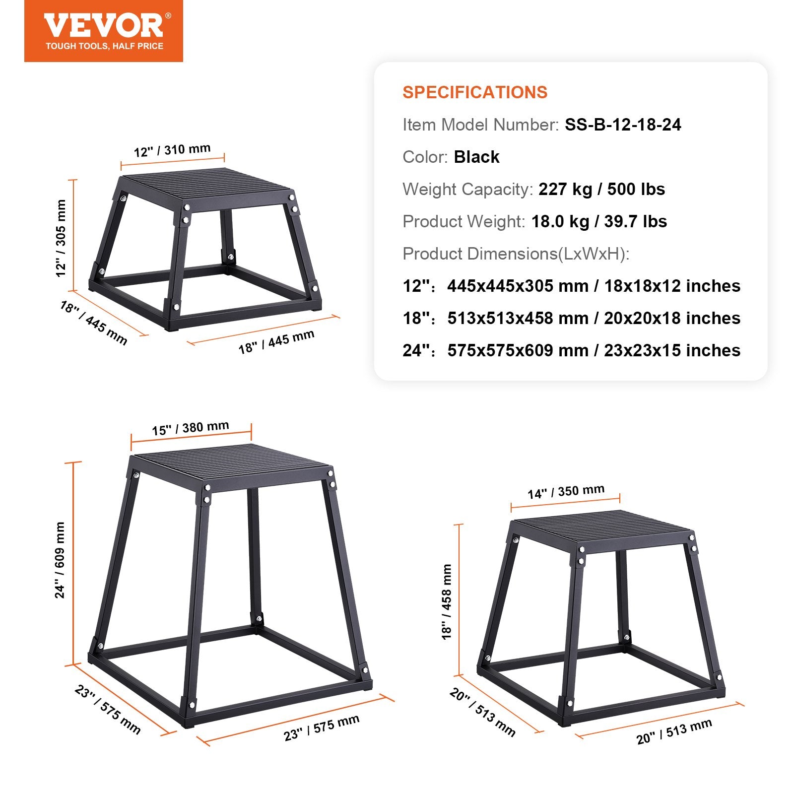 Plyometric Jump Boxes Agility Exercise Step Up Anti-Slip Set 12/18/24in Black
