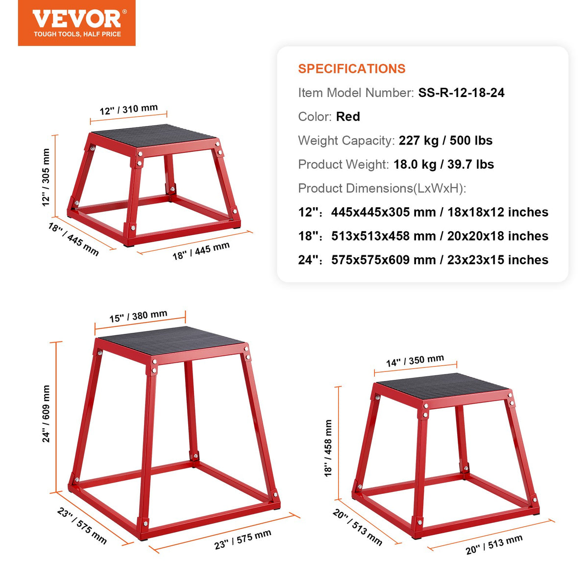 Plyometric Jump Boxes Agility Exercise Step Up Anti-Slip Set 12/18/24in Red