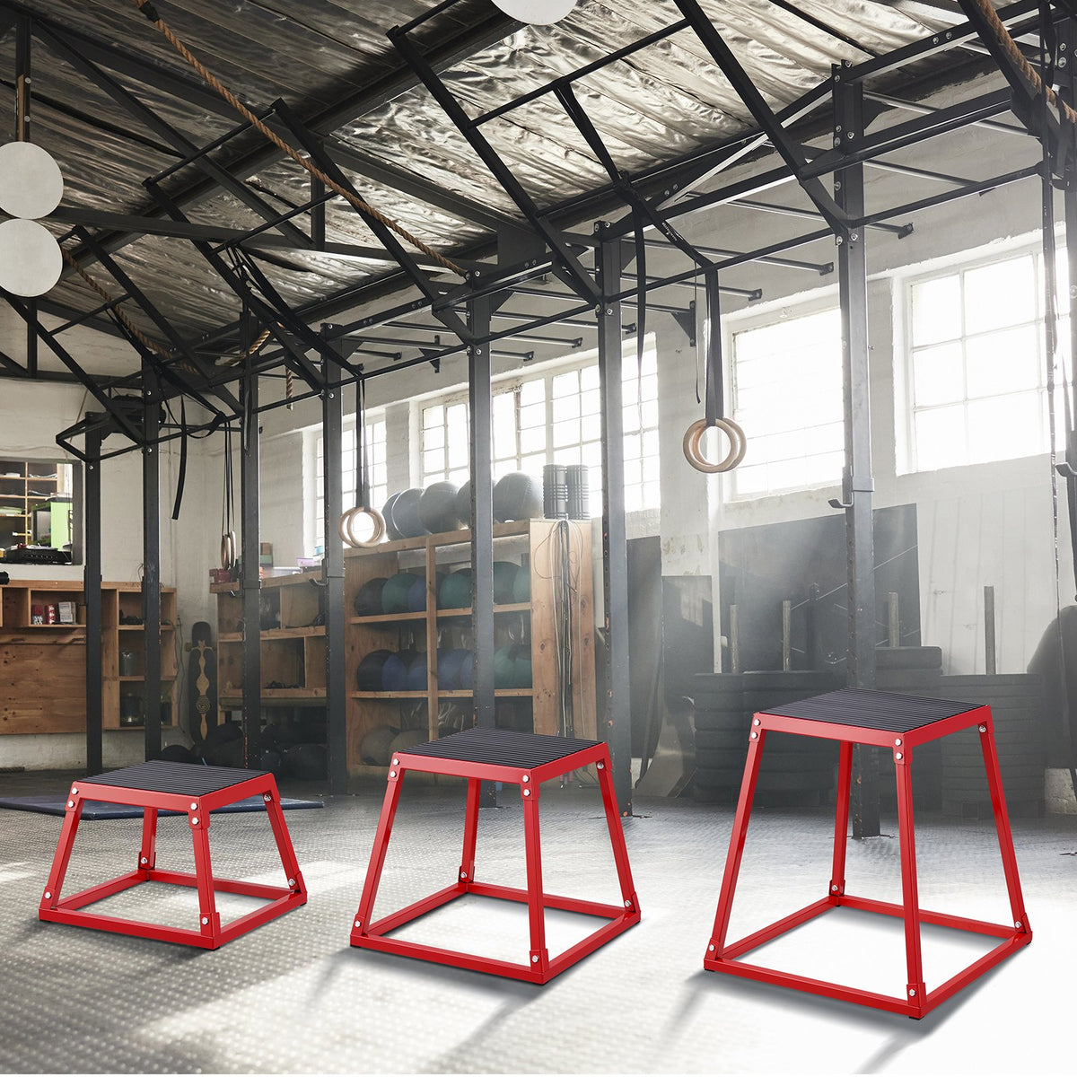 Plyometric Jump Boxes Agility Exercise Step Up Anti-Slip Set 12/18/24in Red