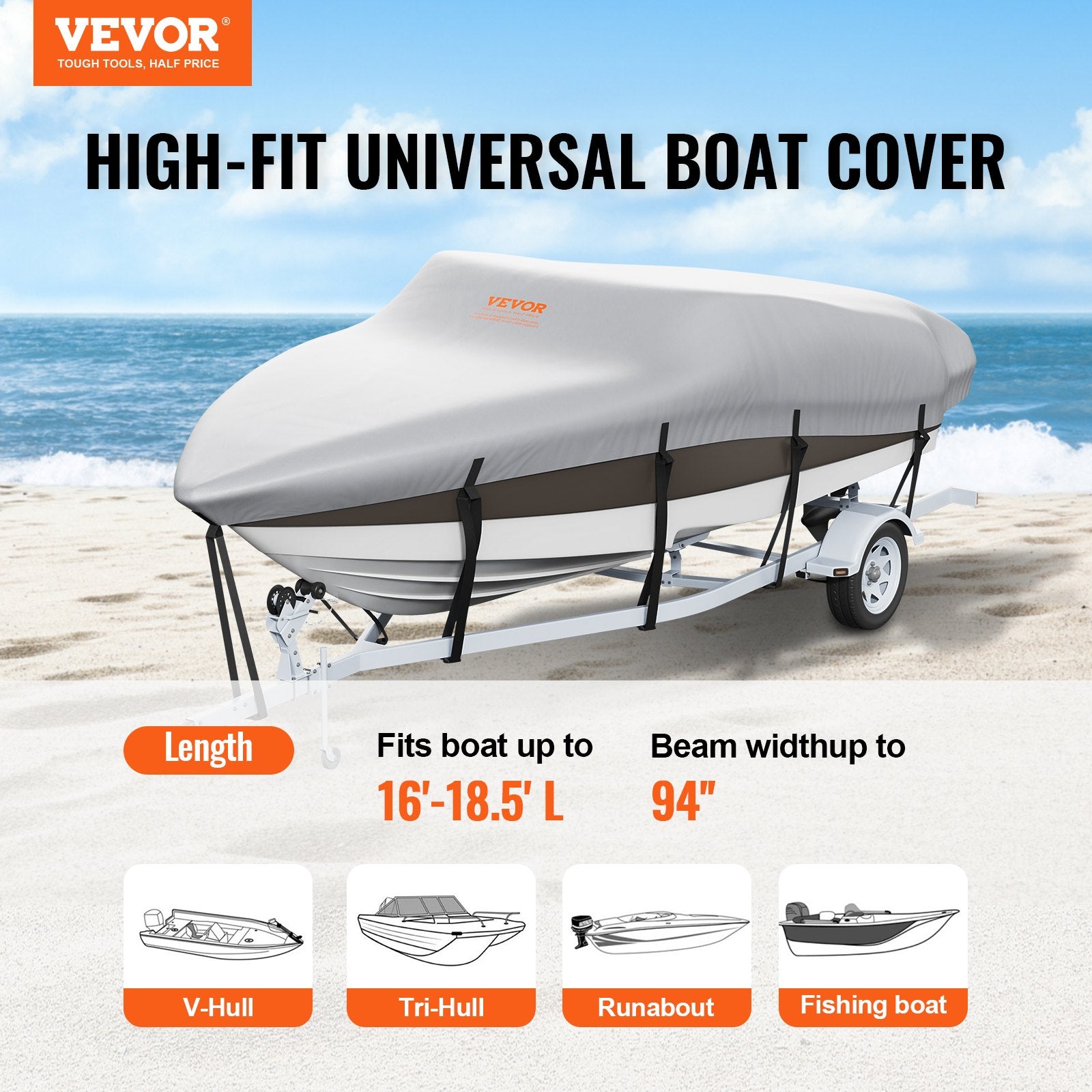 Waterproof Trailerable Boat 16-18.5 ft with Motor Cover and Buckle Straps