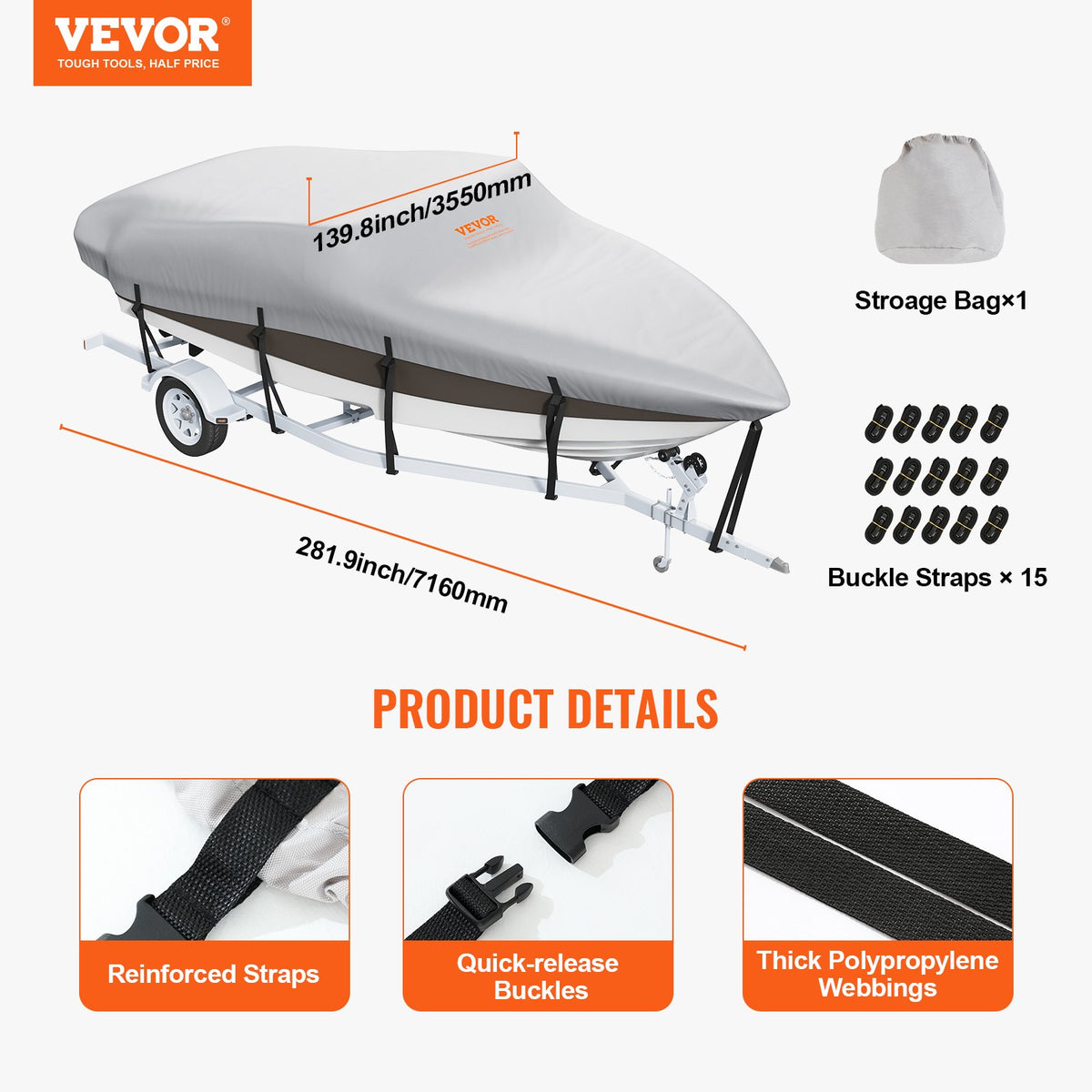 Waterproof Trailerable Boat 20-22 ft with Motor Cover and Buckle Straps