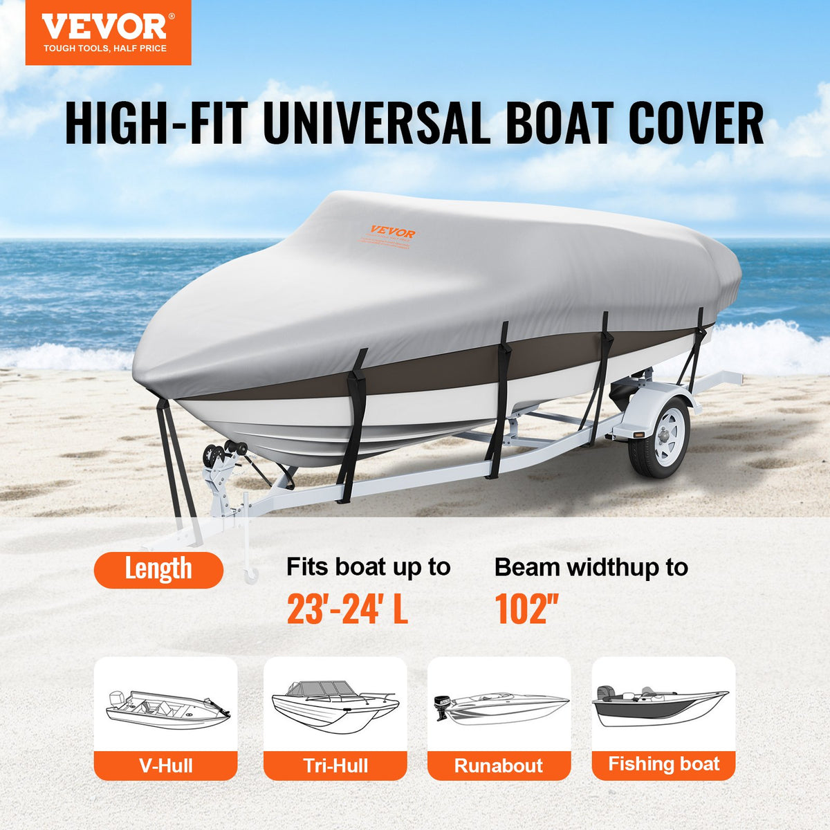 Waterproof Trailerable Boat 23-24 ft with Motor Cover and Buckle Straps