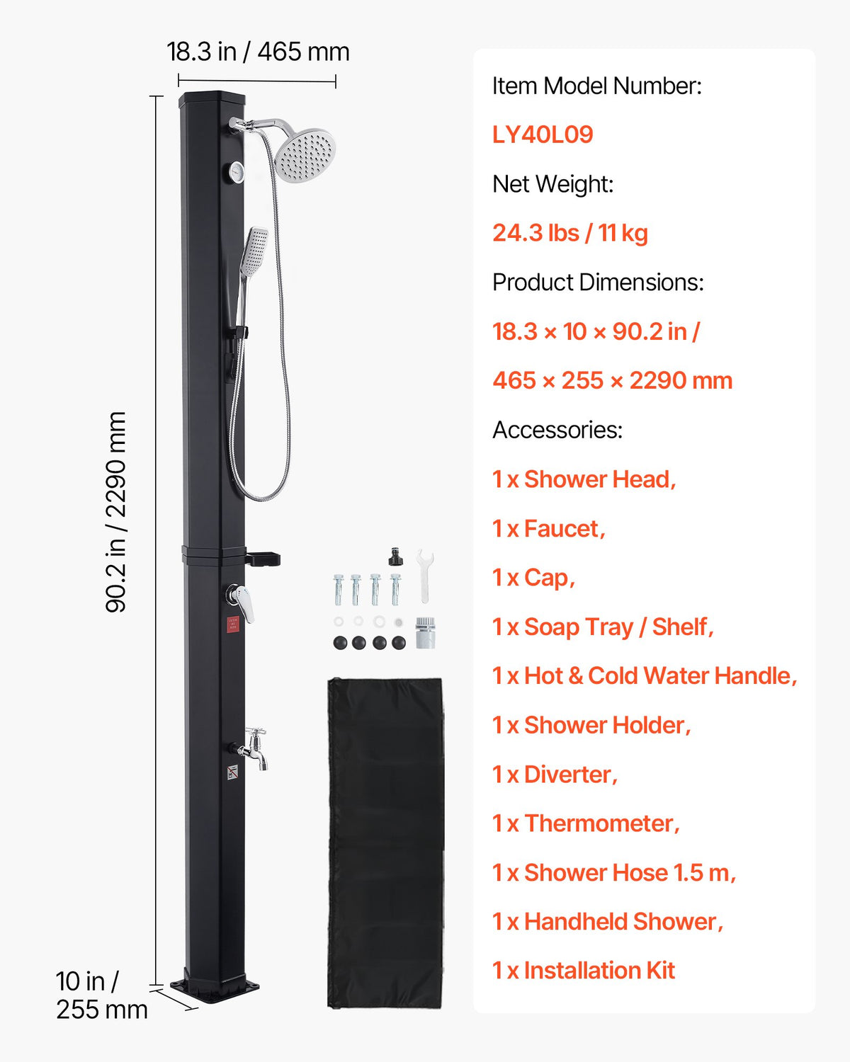 40L Solar Heated Outdoor Shower with Handheld & Foot Faucet, Black, 205cm Height