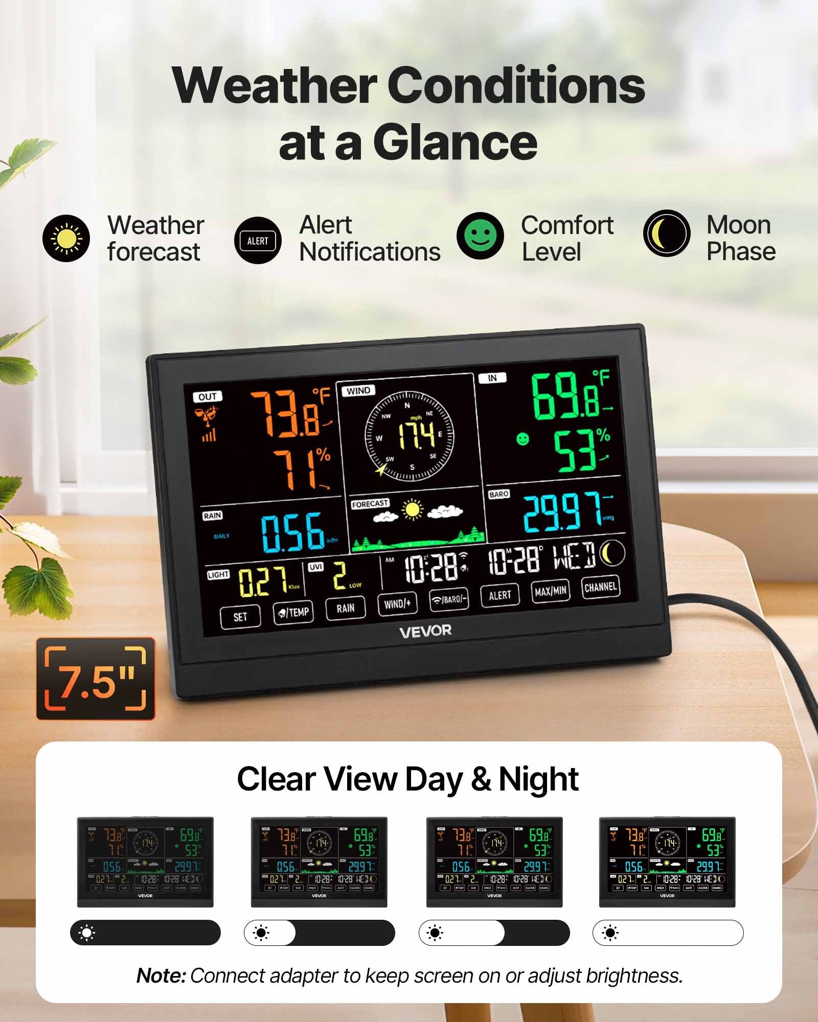 7-in-1 WiFi Weather Station Solar Sensor Rain Gauge Temp Wind Humidity Display