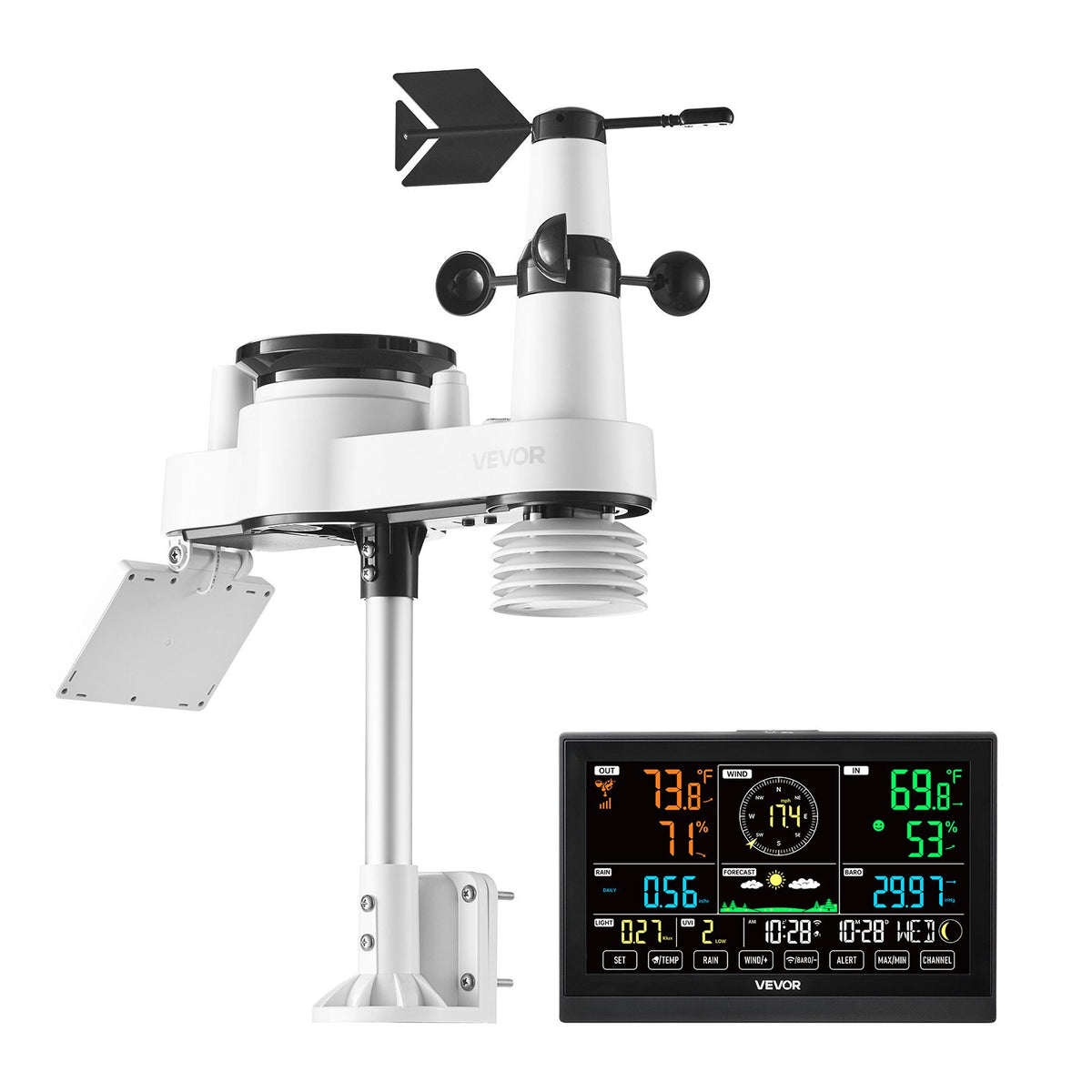 7-in-1 WiFi Weather Station Solar Sensor Rain Gauge Temp Wind Humidity Display