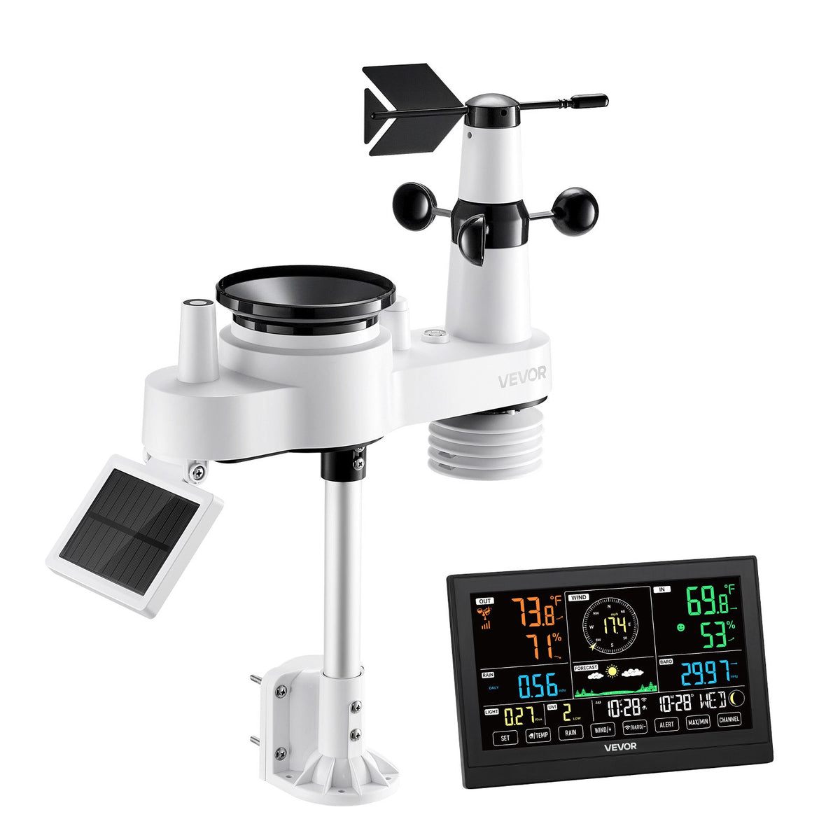 7-in-1 WiFi Weather Station Solar Sensor Rain Gauge Temp Wind Humidity Display