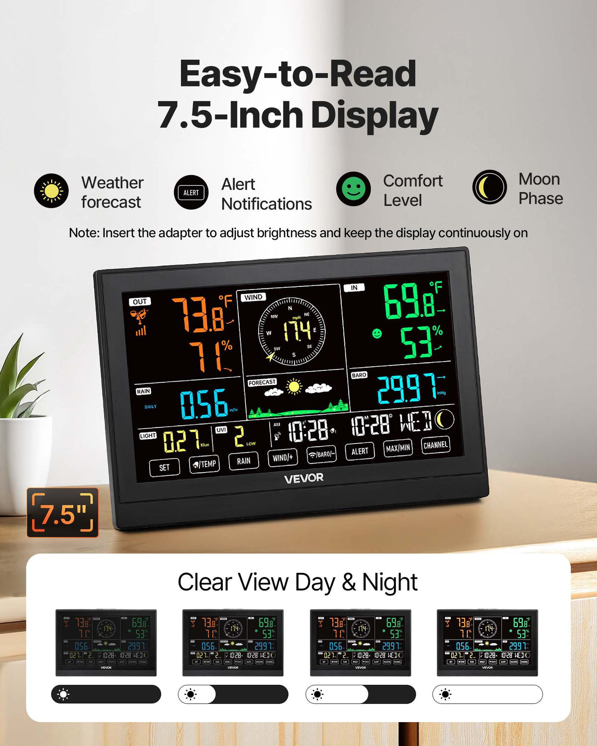 7-in-1 Wireless Weather Station w/ Solar Sensor Rain Gauge No WiFi