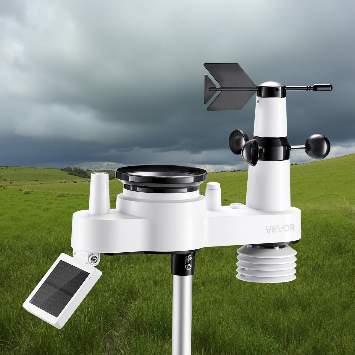 7-in-1 Wireless Weather Station w/ Solar Sensor Rain Gauge No WiFi