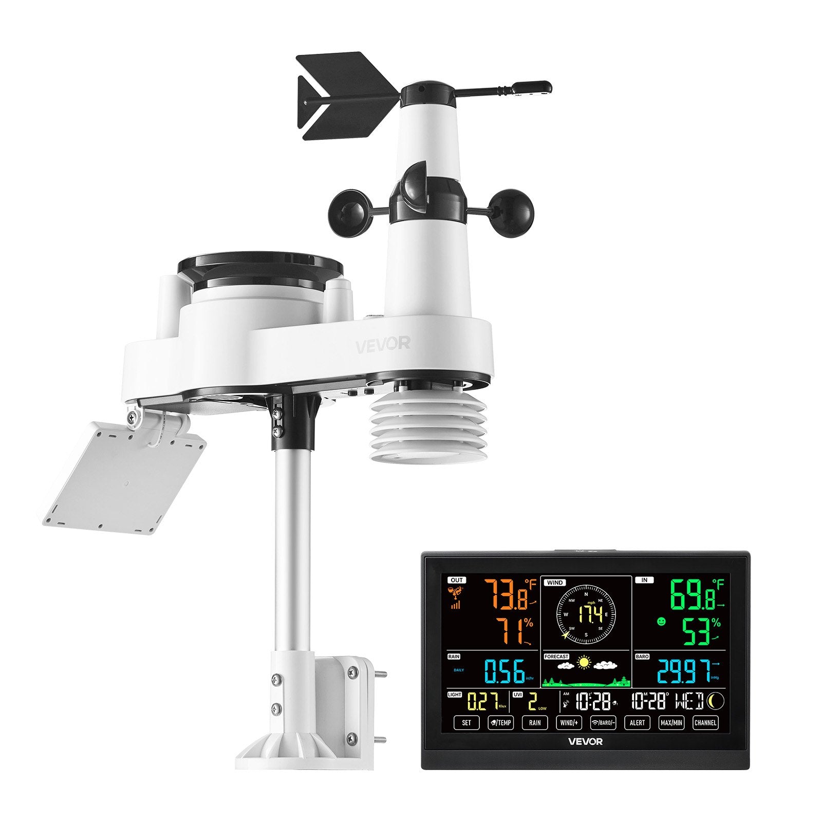 7-in-1 Wireless Weather Station w/ Solar Sensor Rain Gauge No WiFi