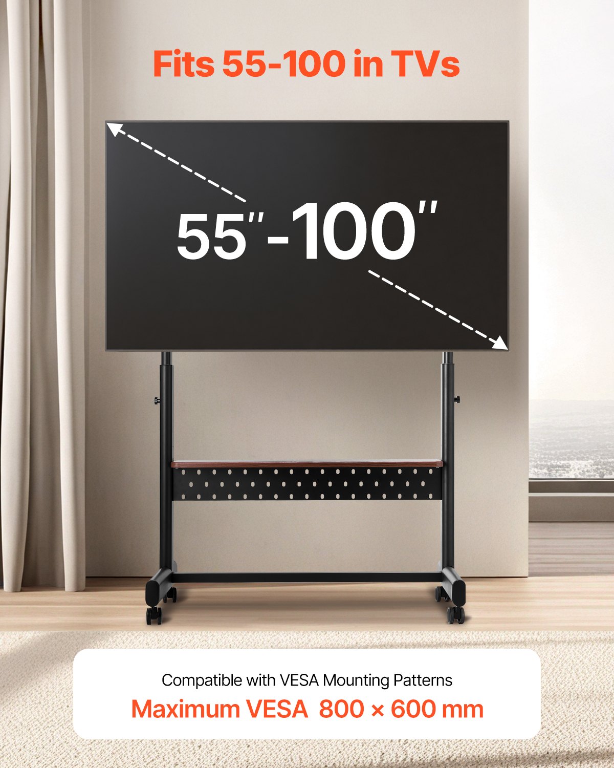 Rolling TV Stand Mobile Cart for 55-100 Inch Screens with Tray