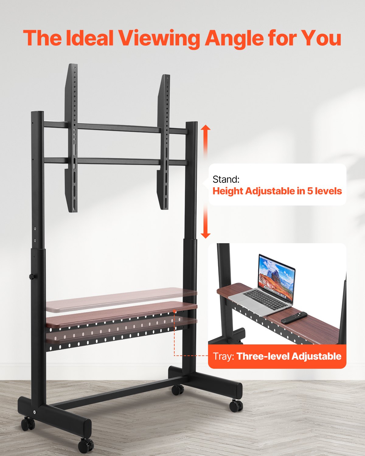 Rolling TV Stand Mobile Cart for 55-100 Inch Screens with Tray