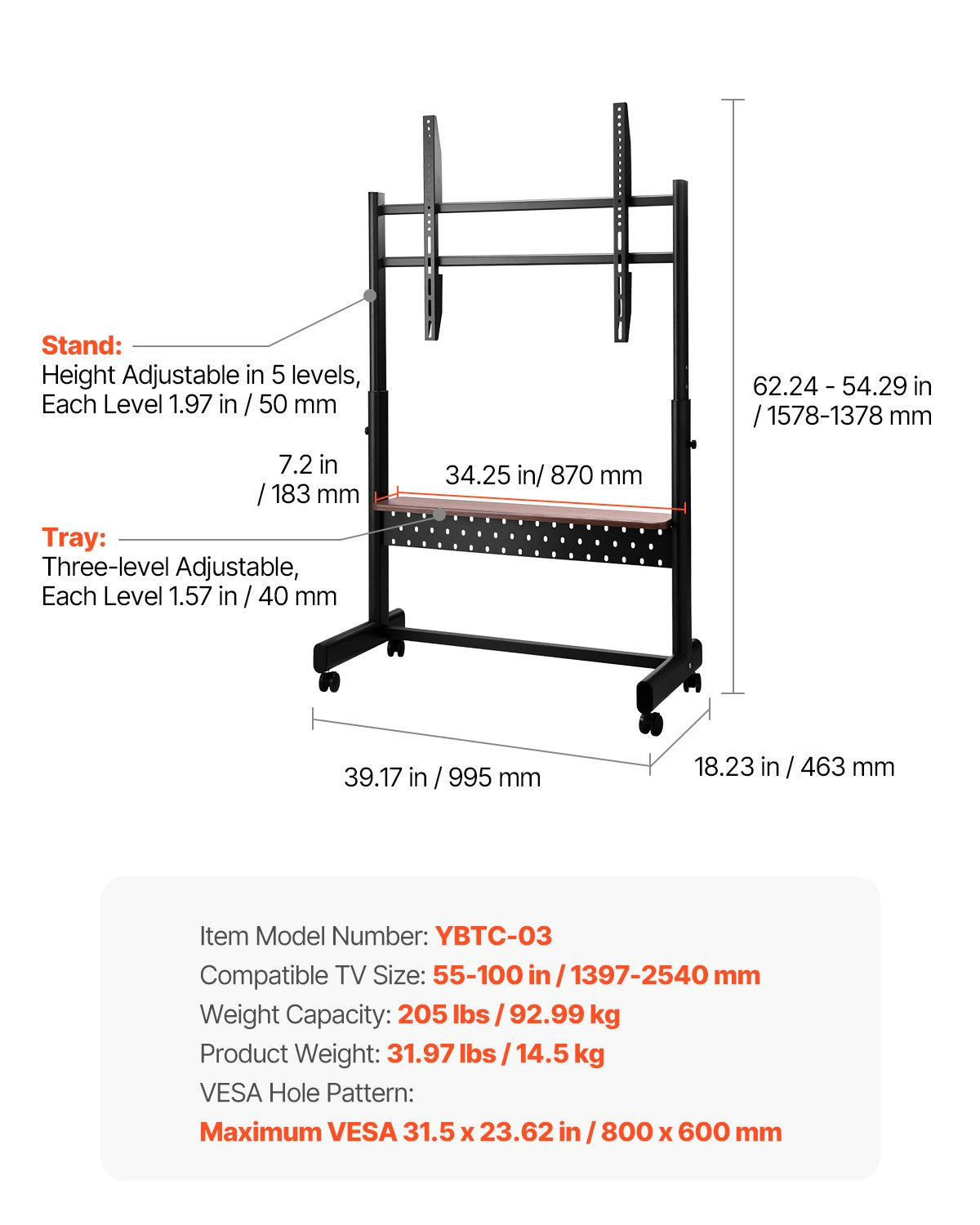 Rolling TV Stand Mobile Cart for 55-100 Inch Screens with Tray