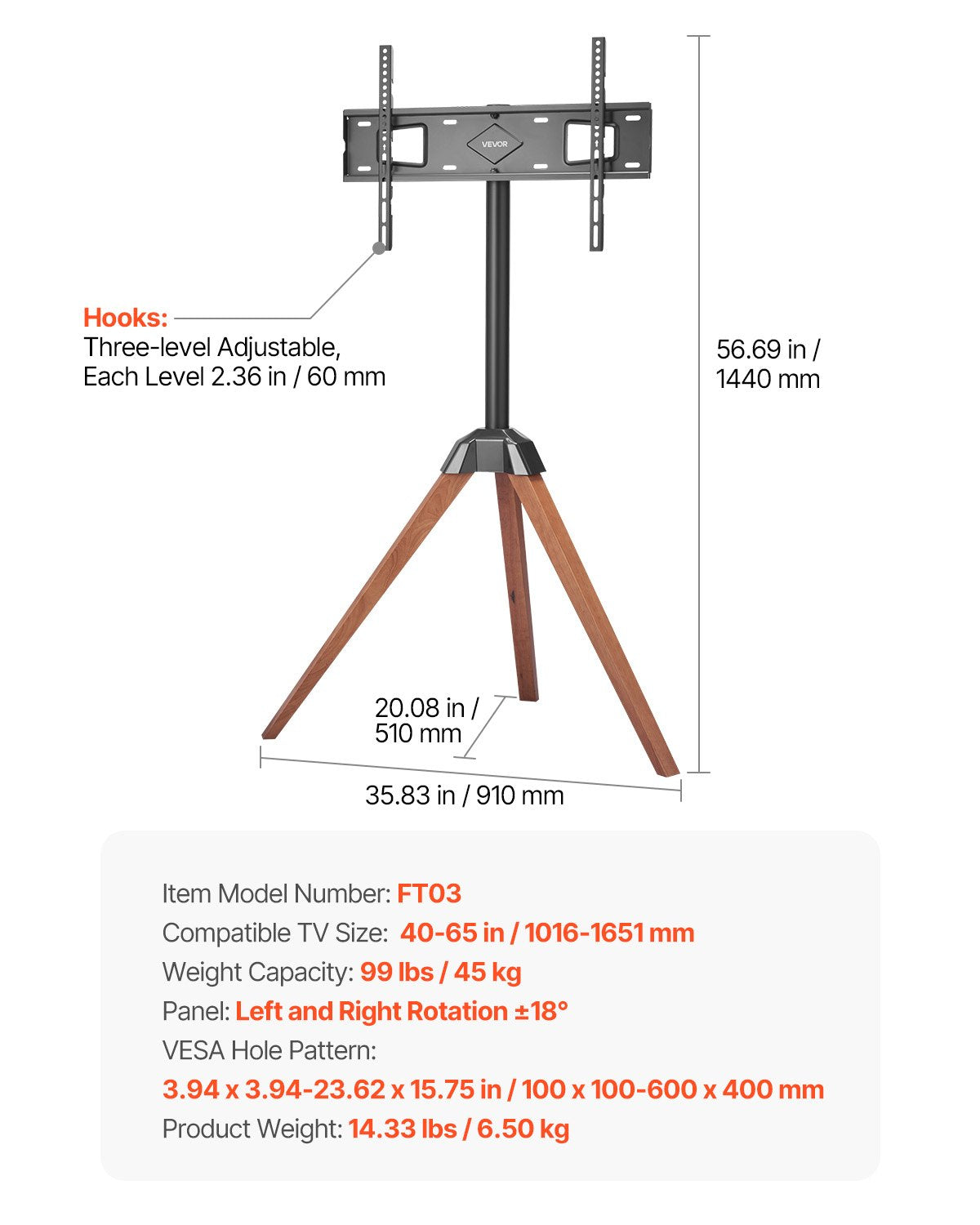 Tripod Easel TV Stand for 40-65 Inch Screens with Wood Legs
