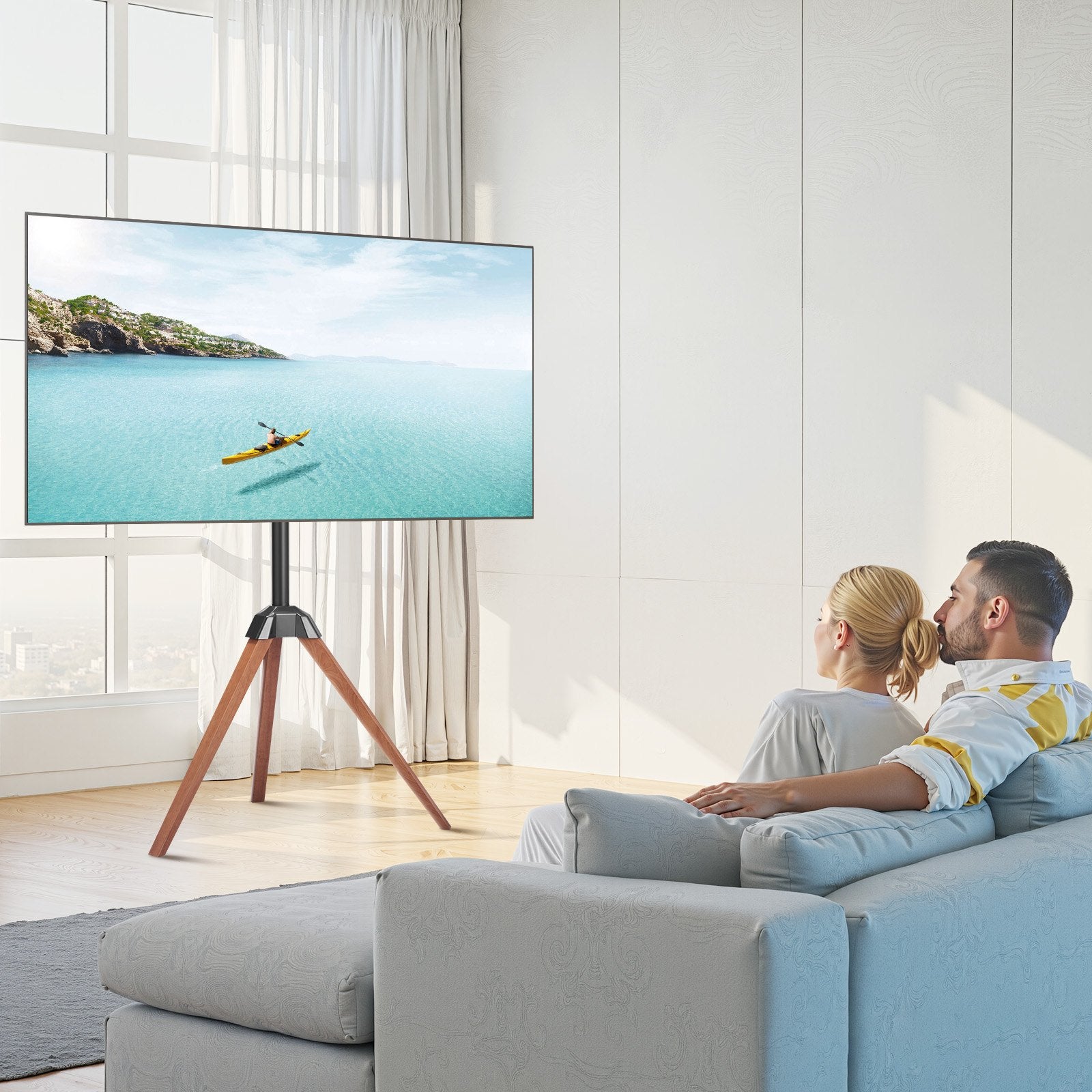 Tripod Easel TV Stand for 40-65 Inch Screens with Wood Legs