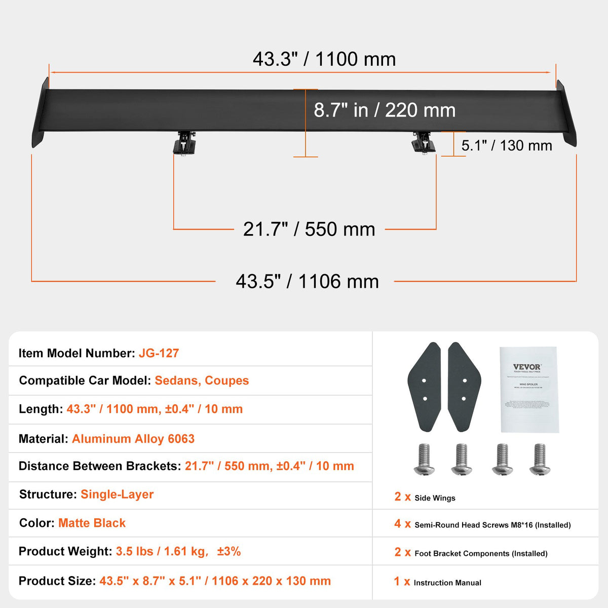 GT Wing Car Spoiler 43.3 in Single Deck Adjustable Aluminum Racing Black