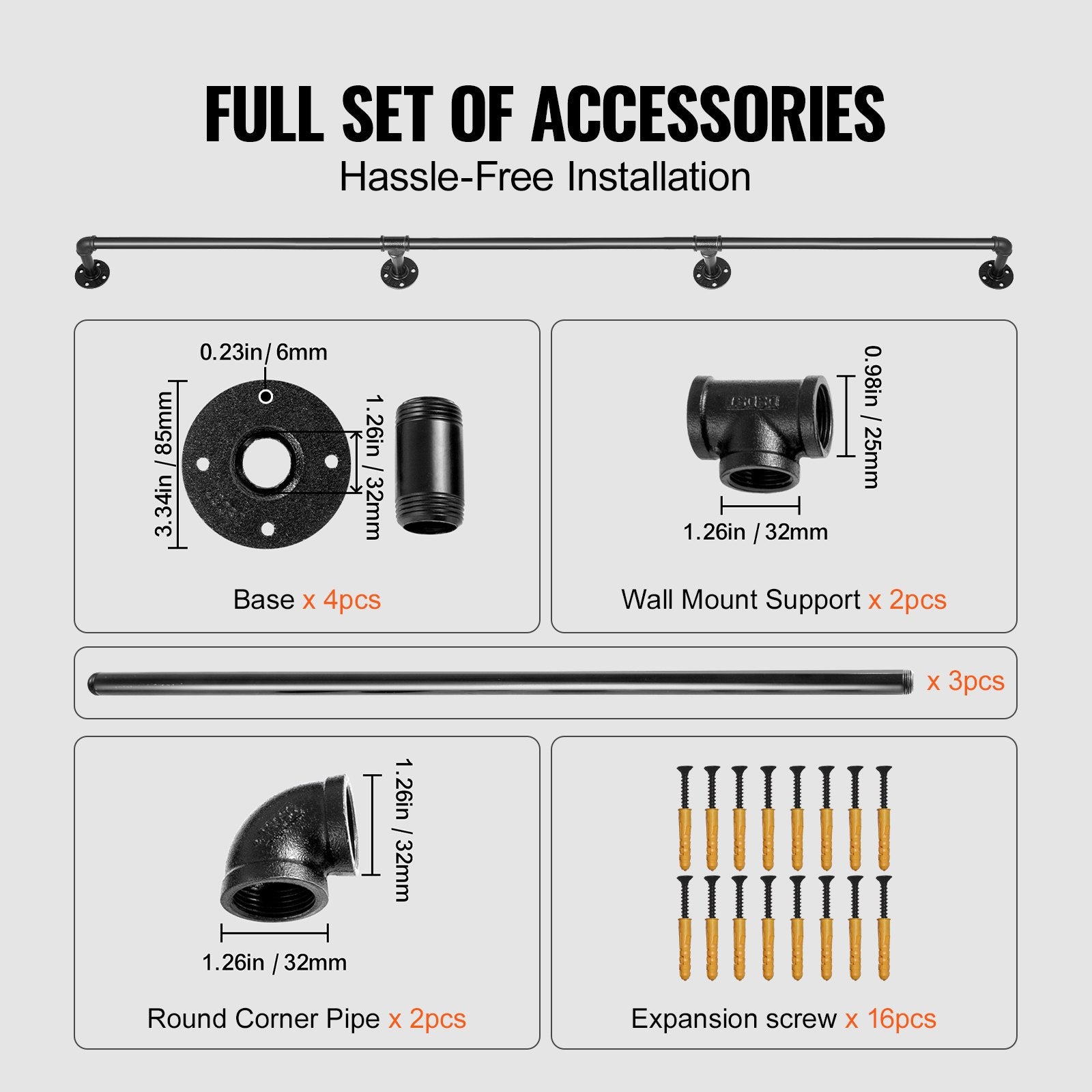Pipe Stair Handrail, 3m Carbon Steel Wall-Mounted Handrail for Indoor Outdoor