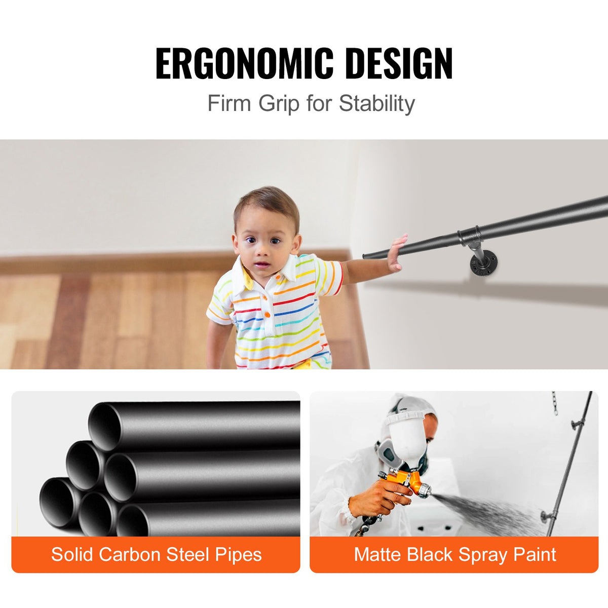 Pipe Stair Handrail, 3m Carbon Steel Wall-Mounted Handrail for Indoor Outdoor