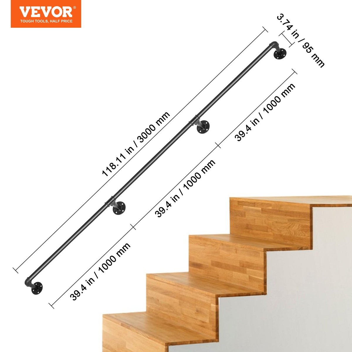 Pipe Stair Handrail, 3m Carbon Steel Wall-Mounted Handrail for Indoor Outdoor