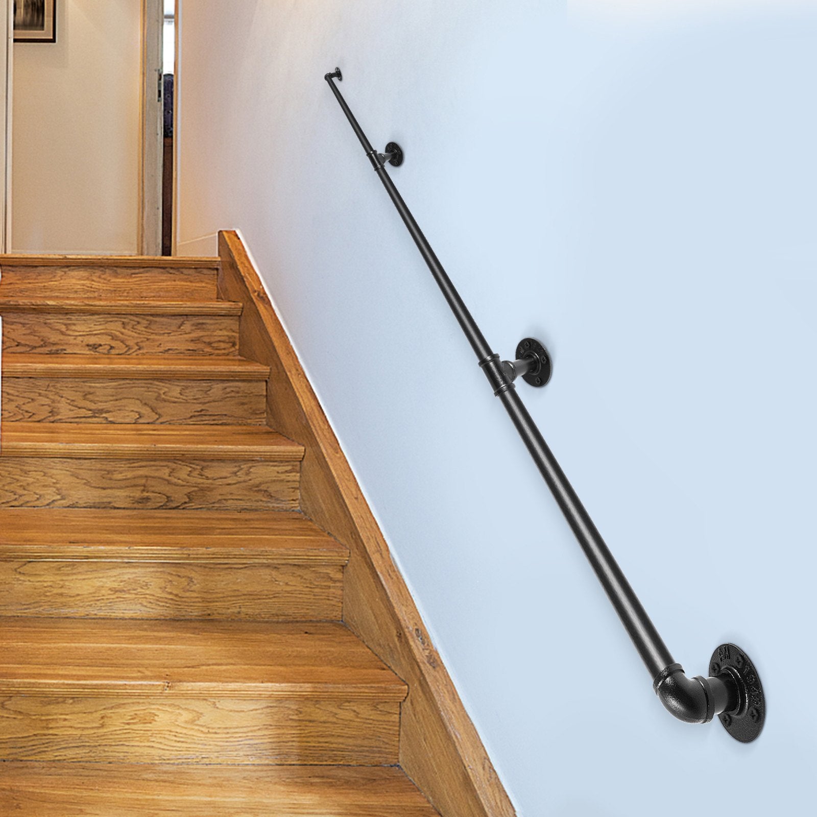 Pipe Stair Handrail, 3m Carbon Steel Wall-Mounted Handrail for Indoor Outdoor