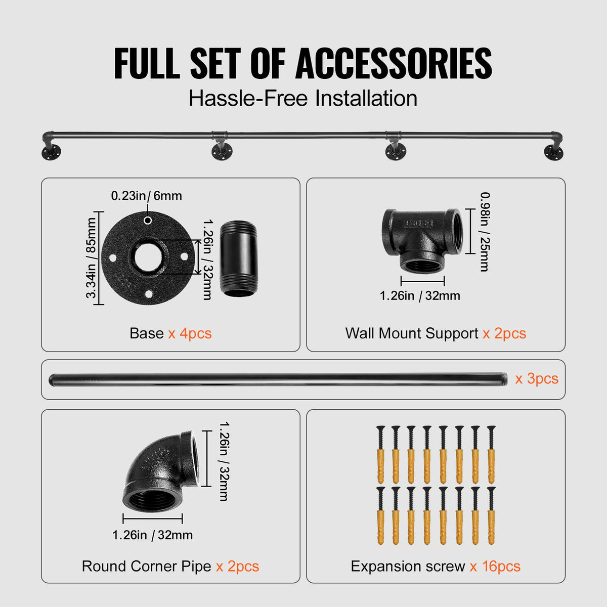 11FT Industrial Pipe Stair Handrail Carbon Steel Wall Mount 440LBS Load