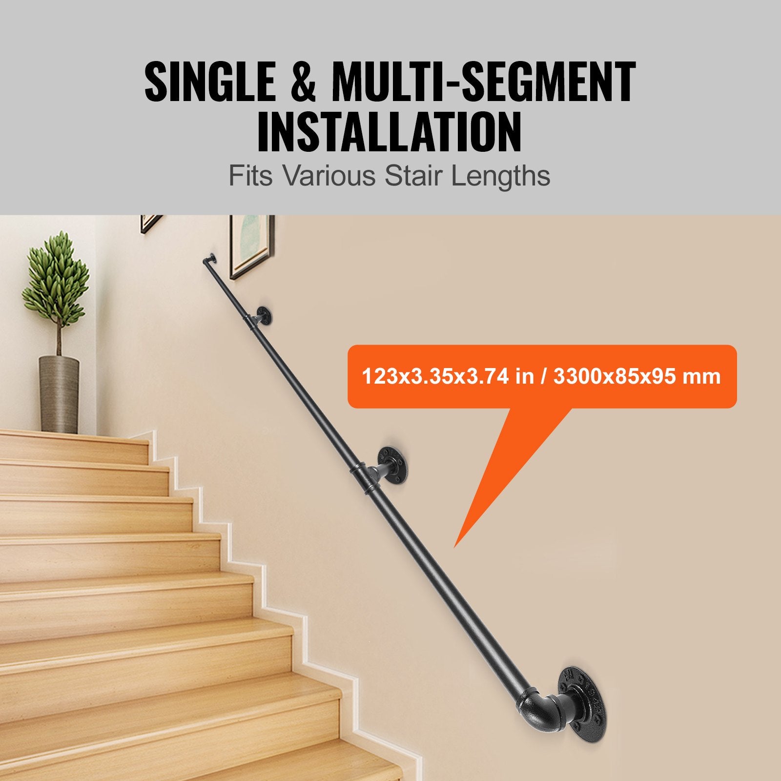 11FT Industrial Pipe Stair Handrail Carbon Steel Wall Mount 440LBS Load