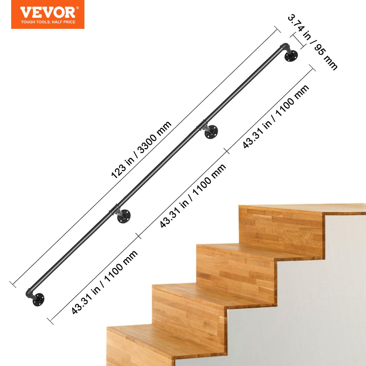 11FT Industrial Pipe Stair Handrail Carbon Steel Wall Mount 440LBS Load