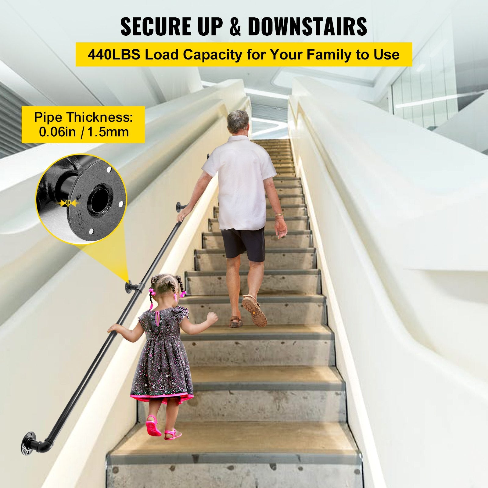 9FT Industrial Pipe Stair Handrail Carbon Steel Wall Mount 440LBS Load