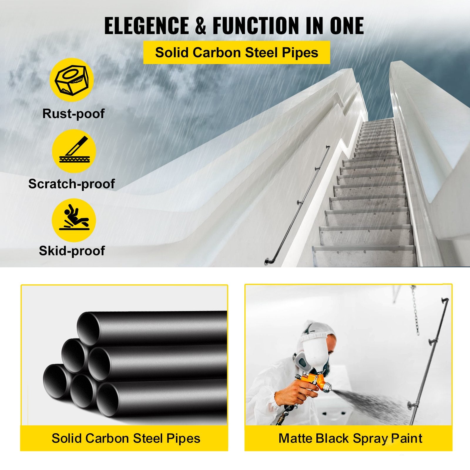 9FT Industrial Pipe Stair Handrail Carbon Steel Wall Mount 440LBS Load