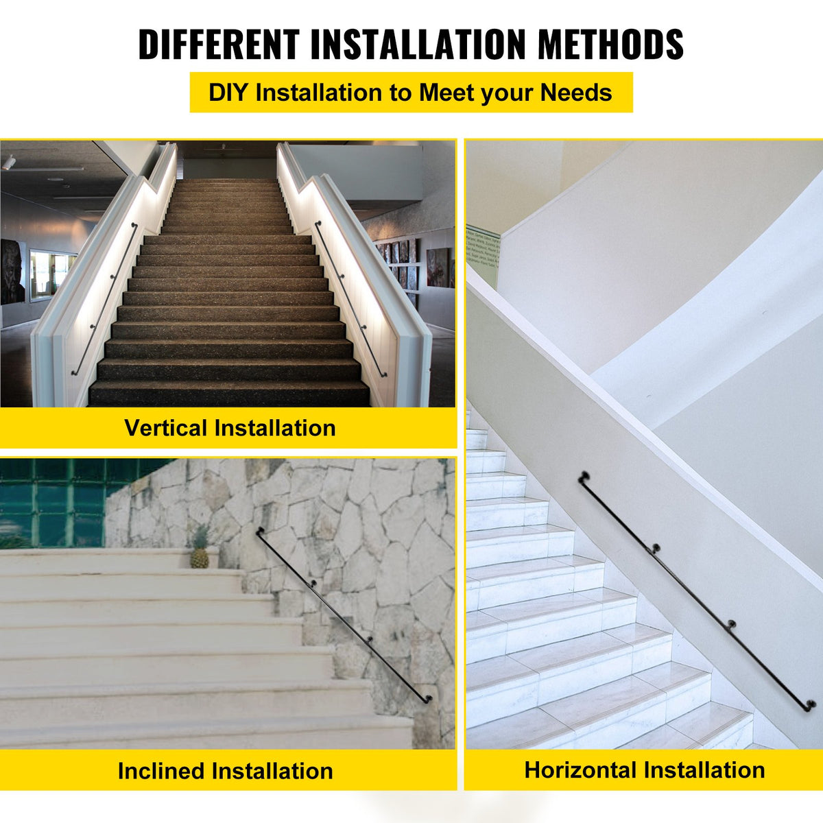 9FT Industrial Pipe Stair Handrail Carbon Steel Wall Mount 440LBS Load