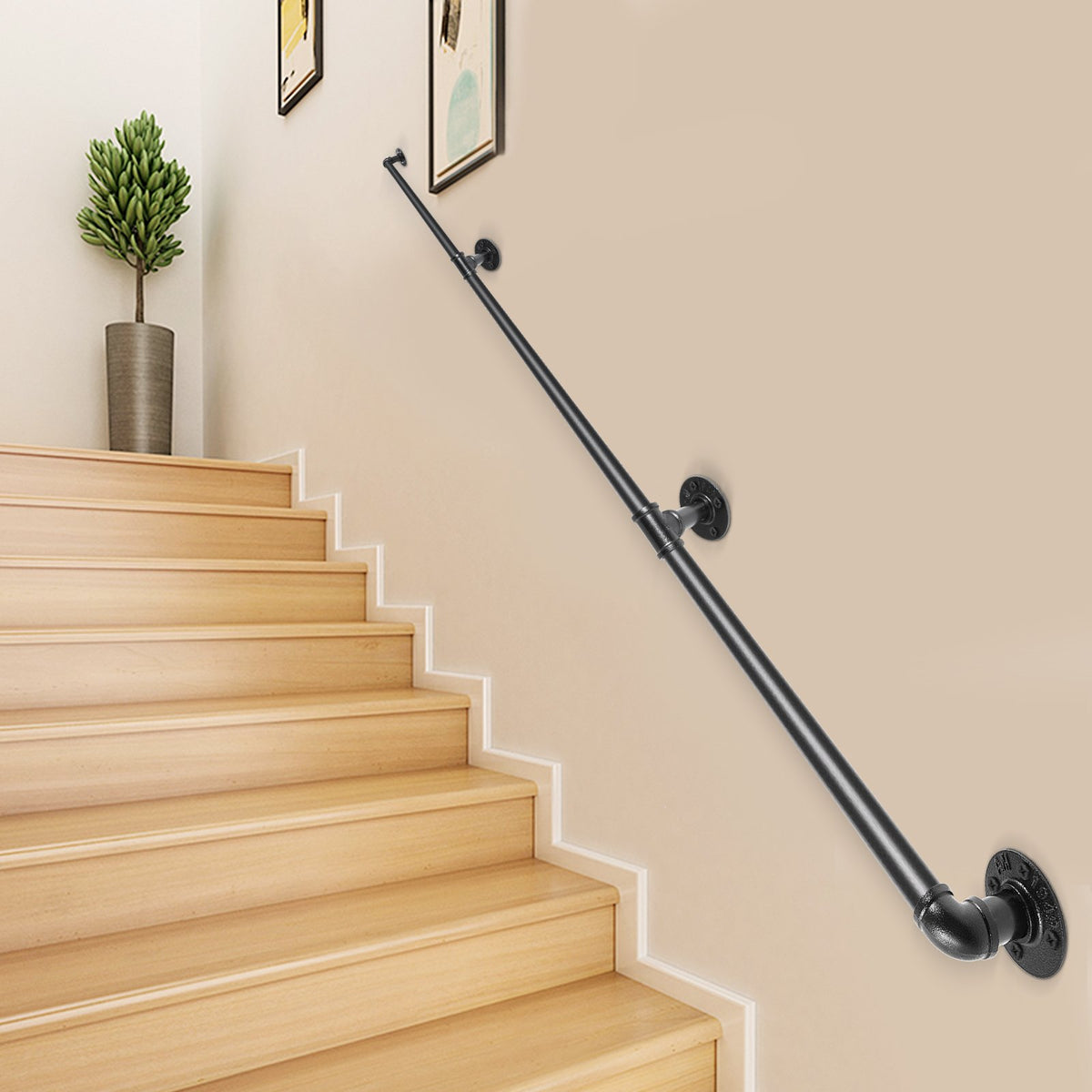 9FT Industrial Pipe Stair Handrail Carbon Steel Wall Mount 440LBS Load