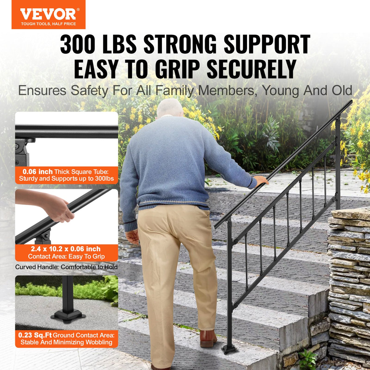 Iron Handrail Stair Railing Hand Rail Kit 1-4 Steps Outdoor Black w/ Bars