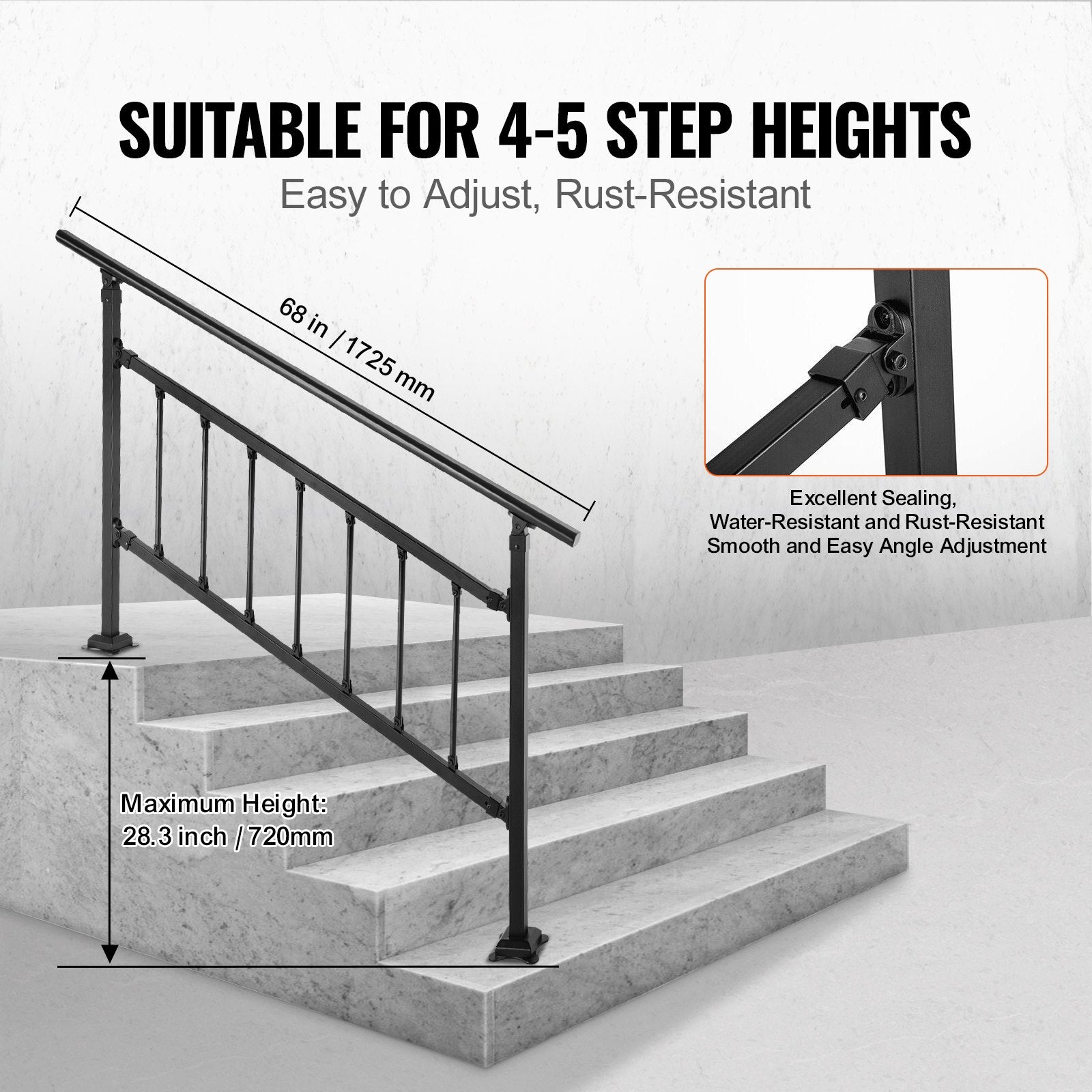 Iron Handrail Stair Railing Hand Rail Kit 1-4 Steps Outdoor Black w/ Bars