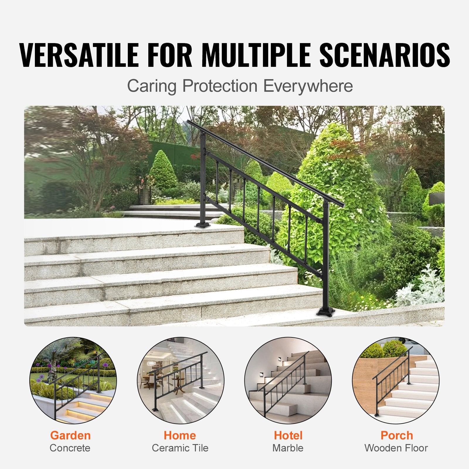 Iron Handrail Stair Railing Hand Rail Kit 1-4 Steps Outdoor Black w/ Bars