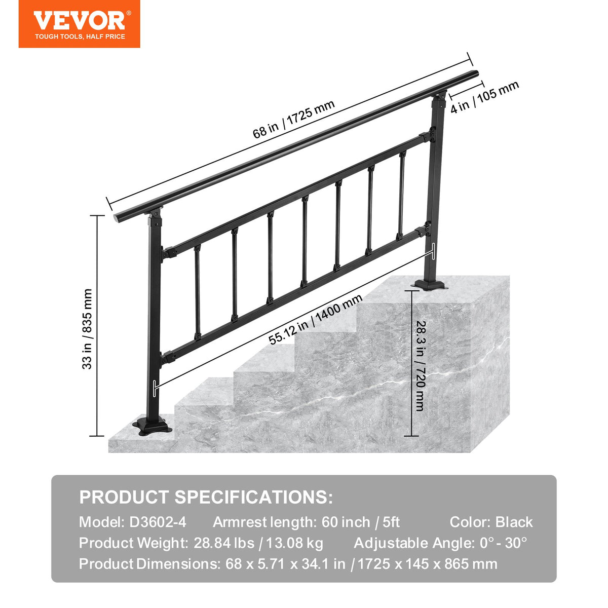 Iron Handrail Stair Railing Hand Rail Kit 1-4 Steps Outdoor Black w/ Bars
