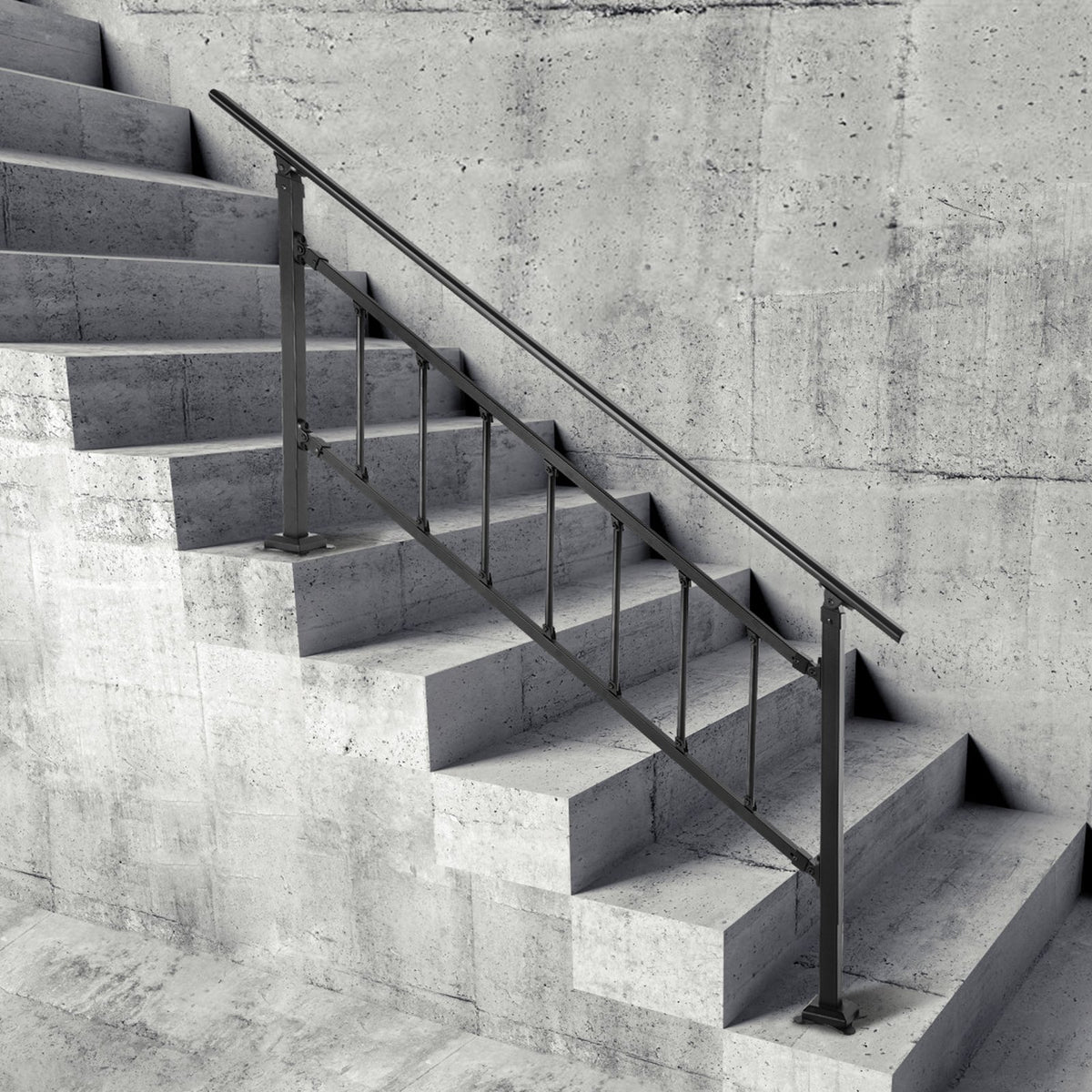 Iron Handrail Stair Railing Hand Rail Kit 1-4 Steps Outdoor Black w/ Bars