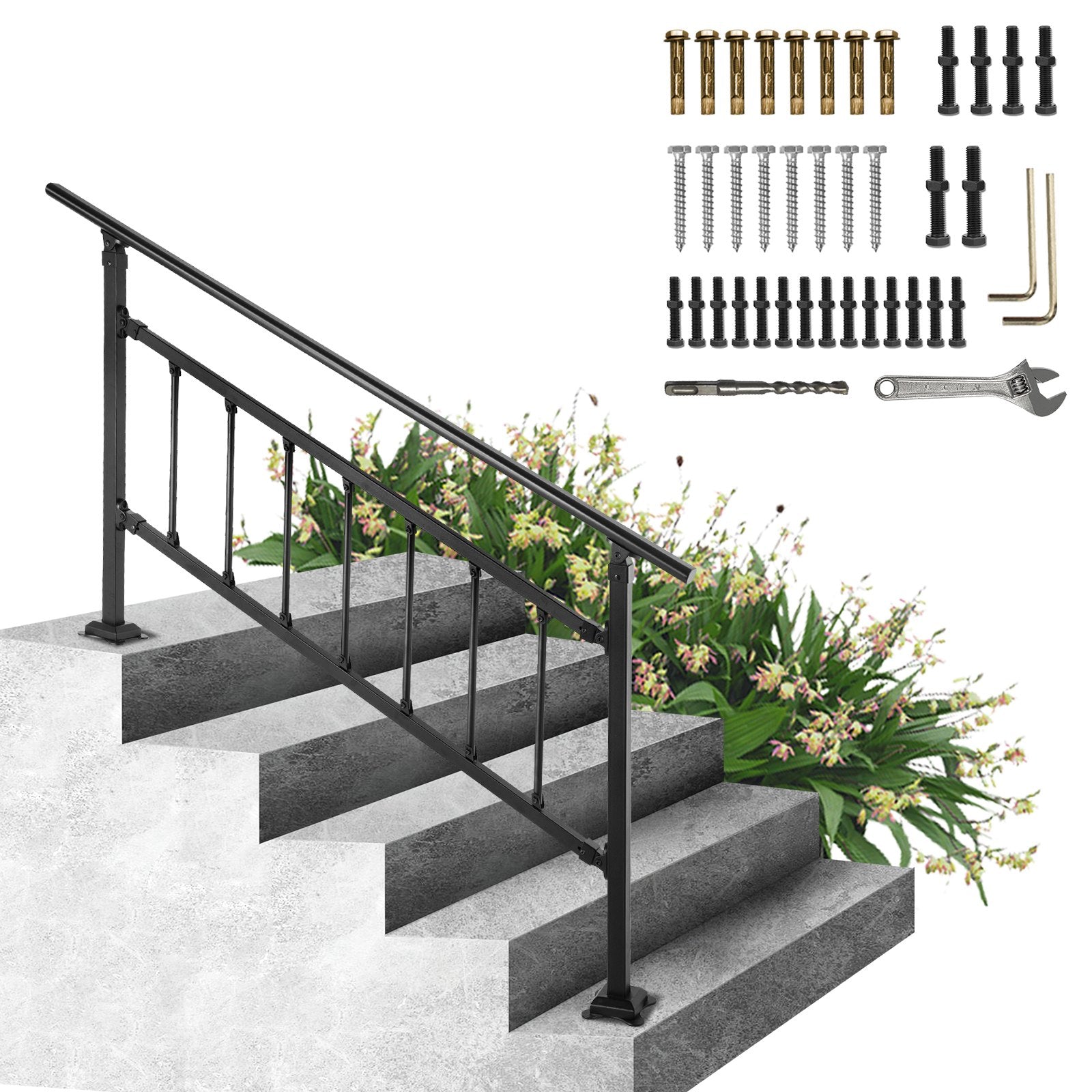 Iron Handrail Stair Railing Hand Rail Kit 1-4 Steps Outdoor Black w/ Bars
