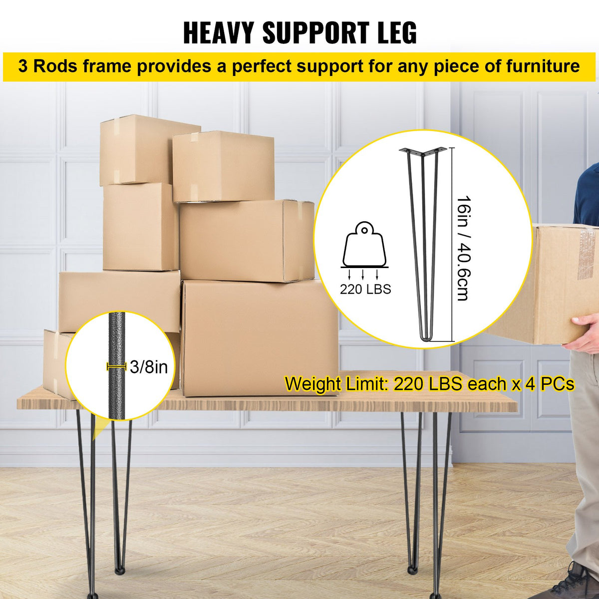 Hairpin Table Legs 16 Inch Black Set of 4 220LBS 3-Rod Carbon Steel DIY Legs