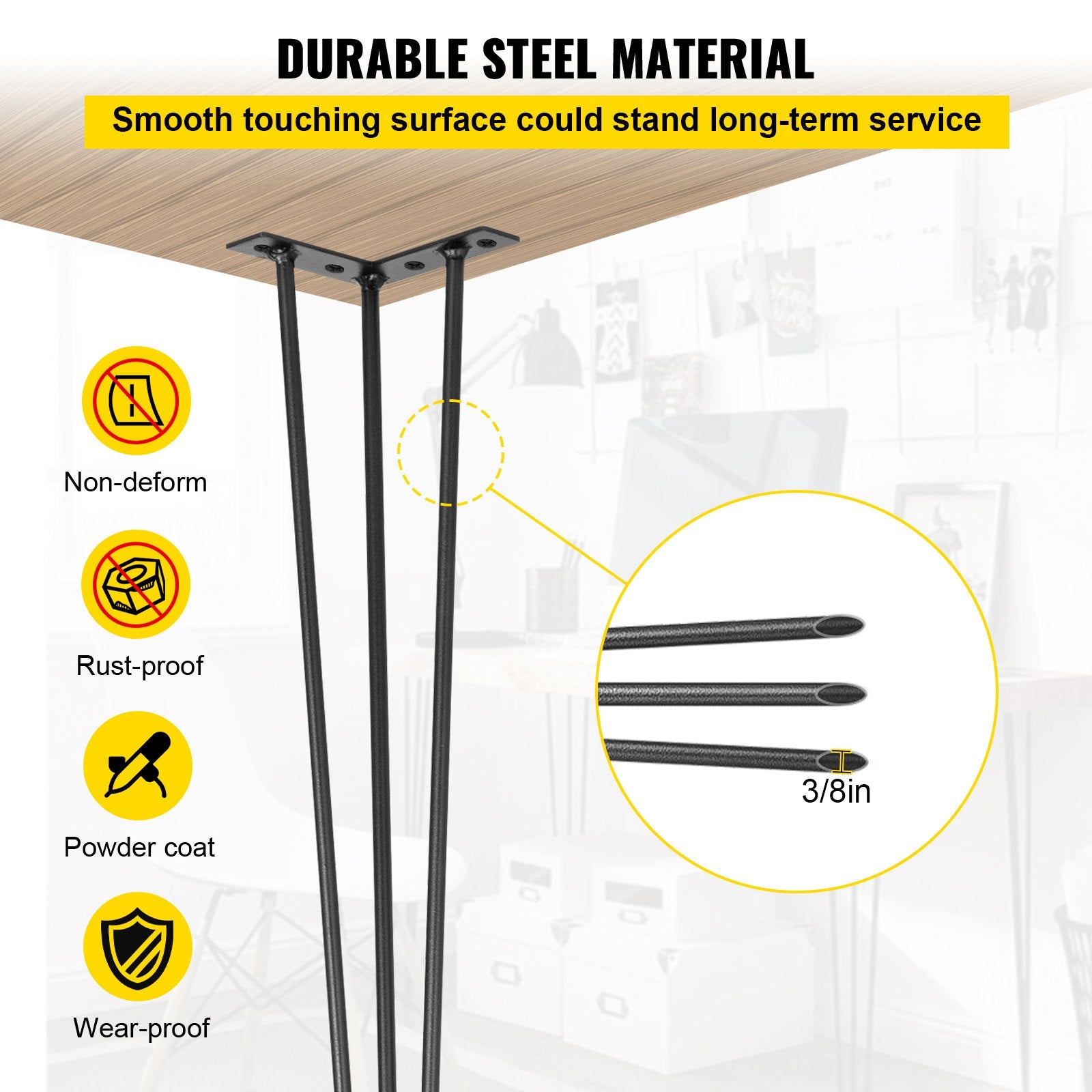 Hairpin Table Legs 16 Inch Black Set of 4 220LBS 3-Rod Carbon Steel DIY Legs