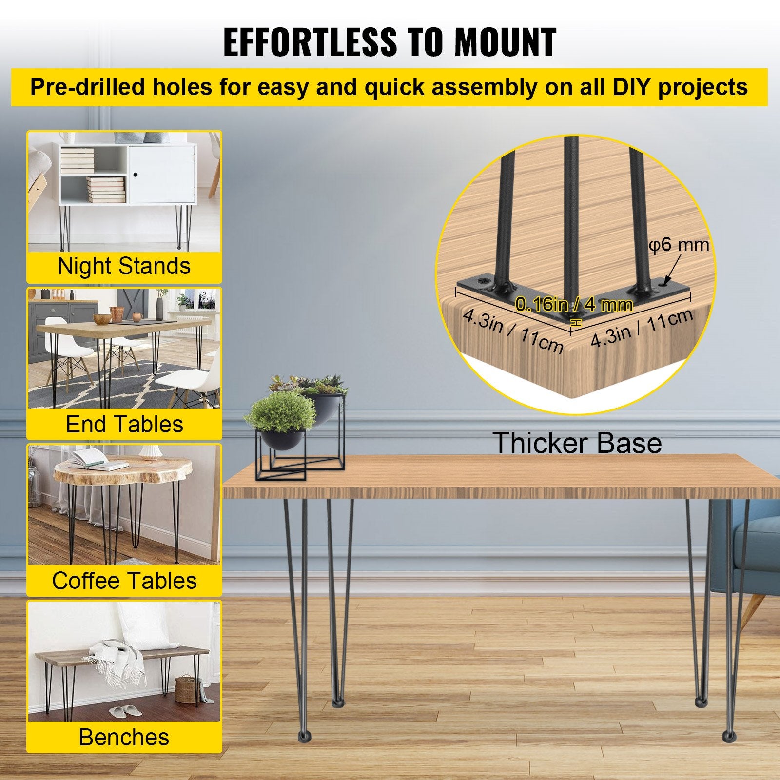 Hairpin Table Legs 16 Inch Black Set of 4 220LBS 3-Rod Carbon Steel DIY Legs