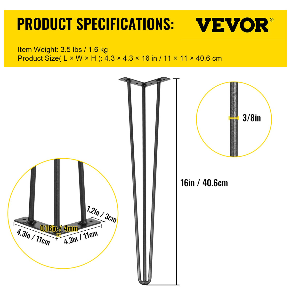 Hairpin Table Legs 16 Inch Black Set of 4 220LBS 3-Rod Carbon Steel DIY Legs