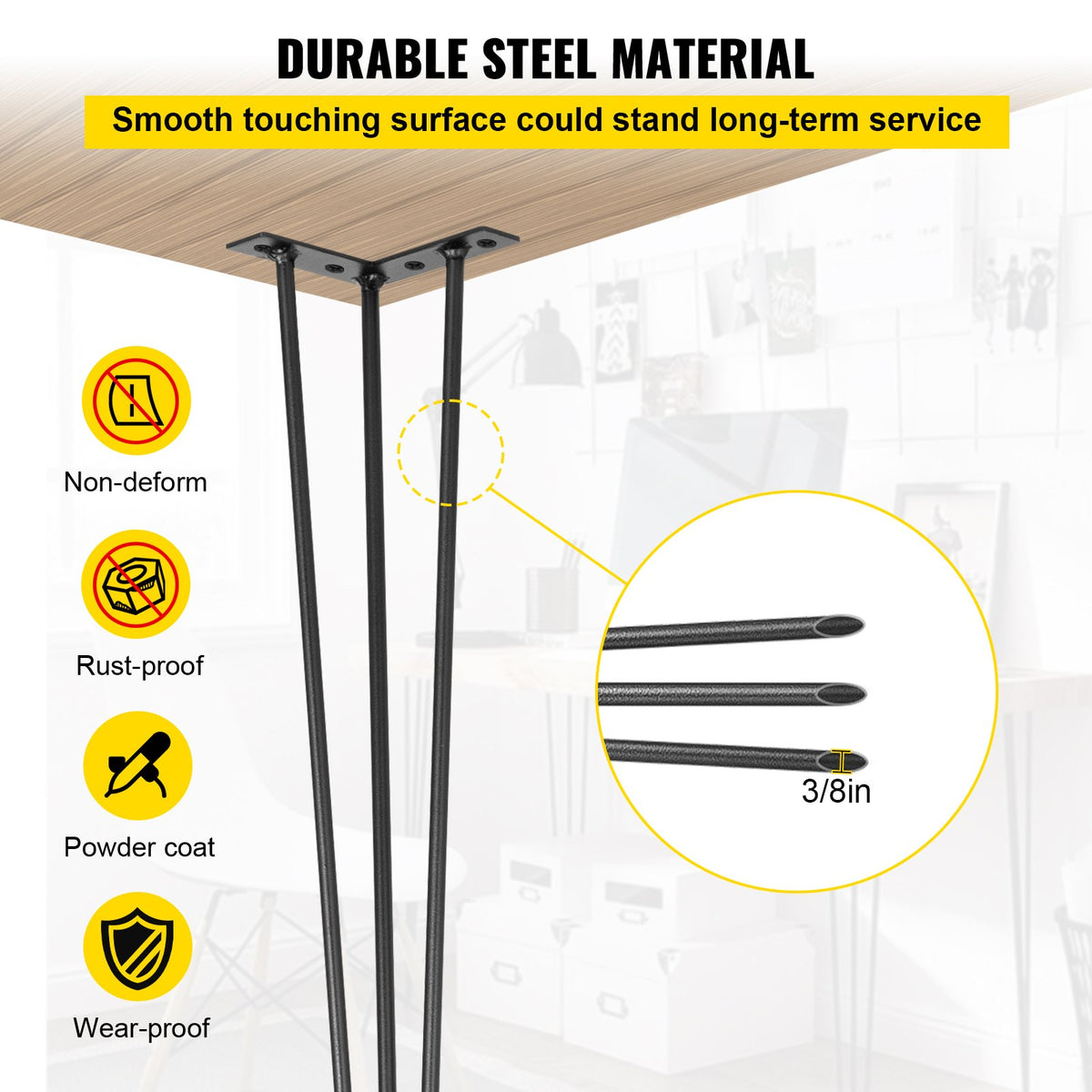 Hairpin Table Legs 34in Black Set of 4 220lbs 3-Rod Carbon Steel DIY Furniture