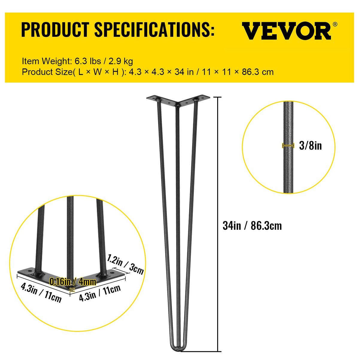 Hairpin Table Legs 34in Black Set of 4 220lbs 3-Rod Carbon Steel DIY Furniture