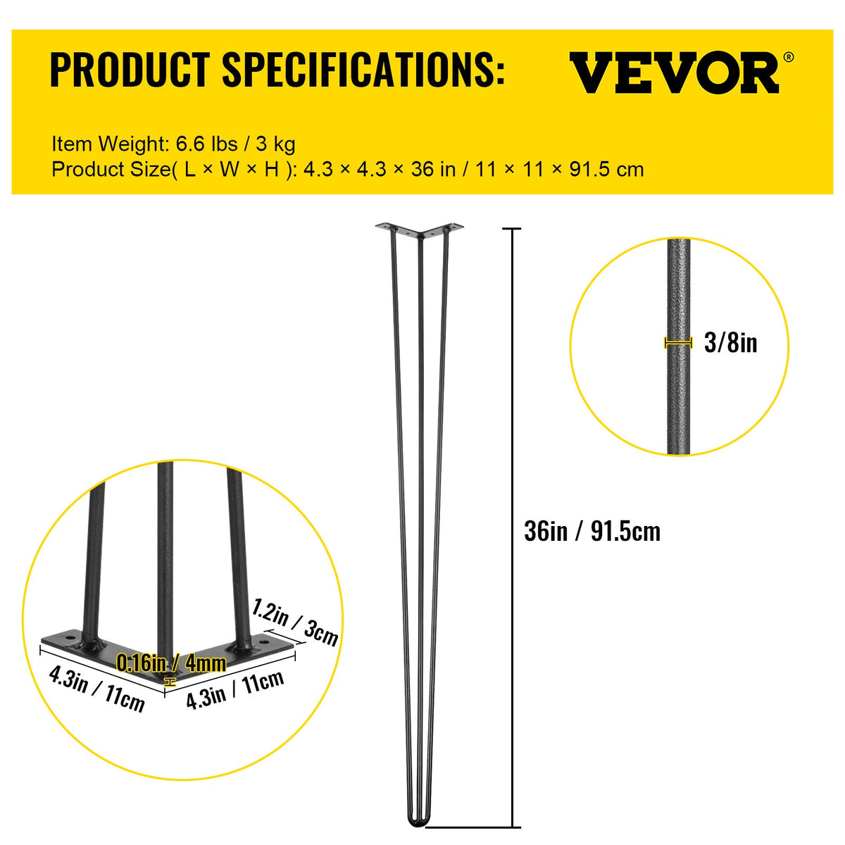 Hairpin Table Legs 36in Black Set of 4 220lbs 3-Rod Carbon Steel DIY Furniture